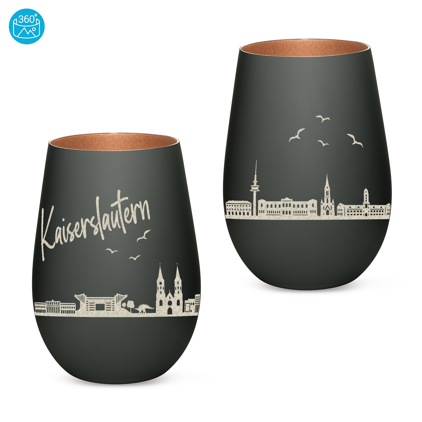 Hochwertiges Glas Windlicht mit Gravur "SKYLINE KAISERSLAUTERN" in der Farbe Schwarz/Bronze