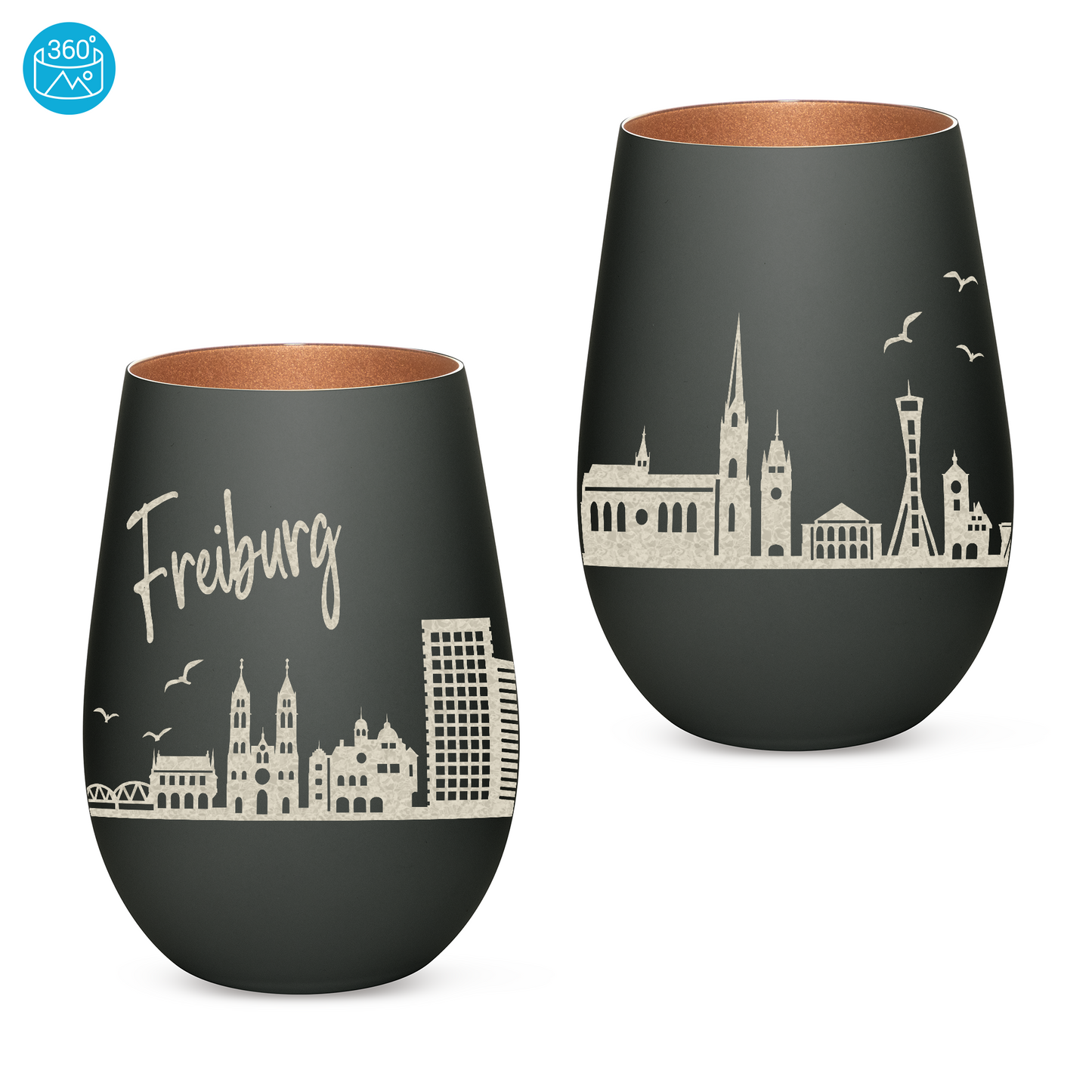 Hochwertiges Glas Windlicht mit Gravur "SKYLINE FREIBURG" in der Farbe Schwarz/Bronze