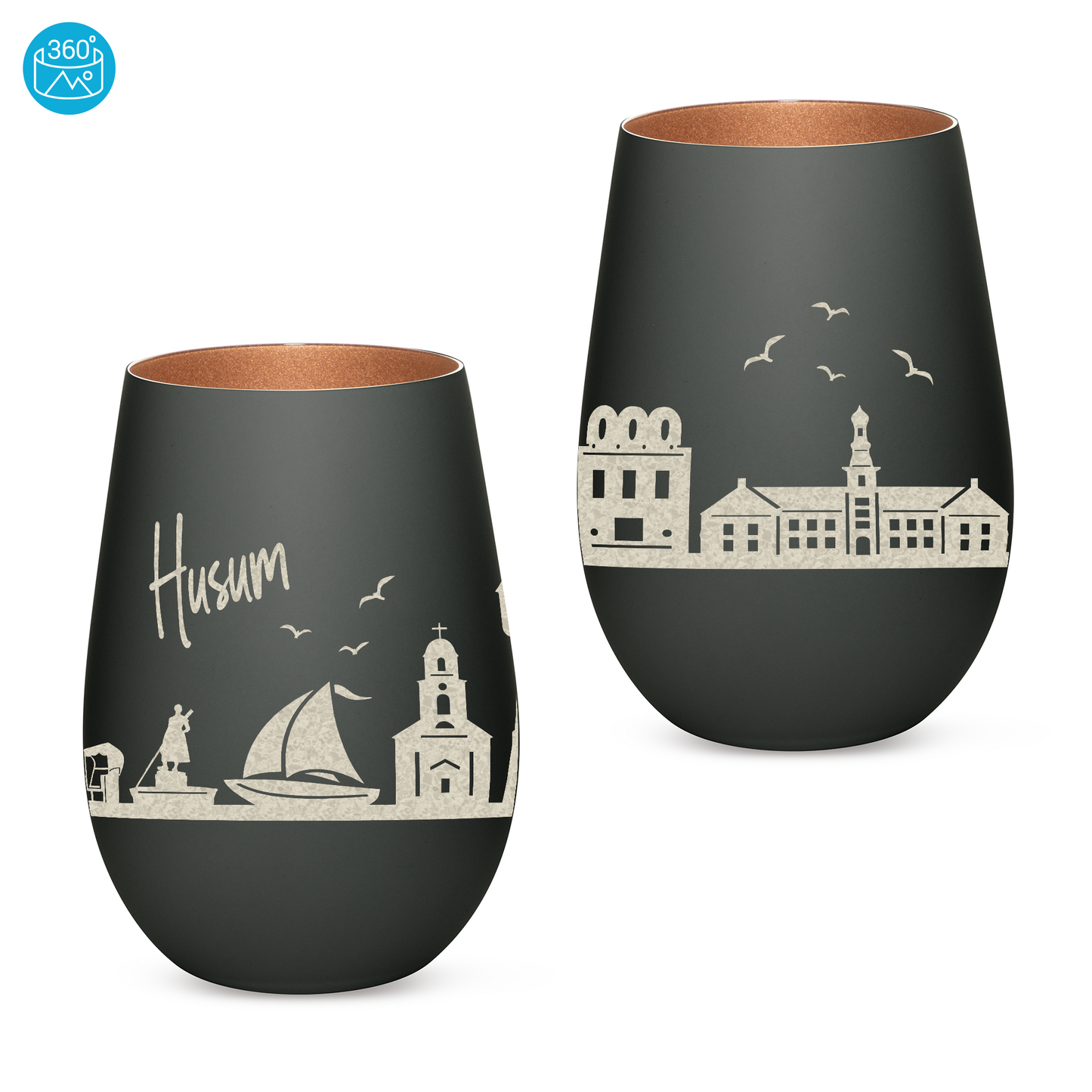 Hochwertiges Glas Windlicht mit Gravur "SKYLINE HUSUM" in der Farbe Schwarz/Bronze