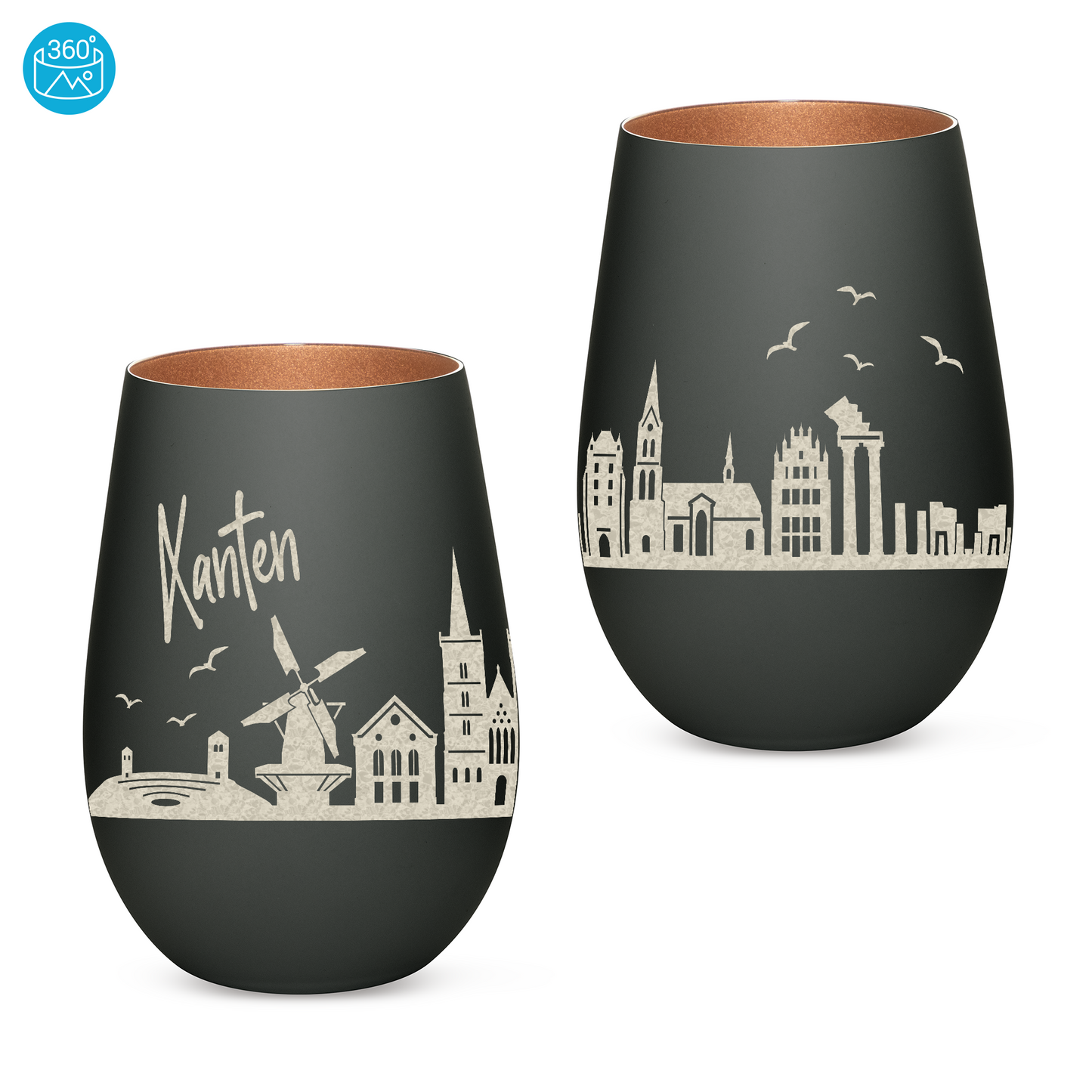 Hochwertiges Glas Windlicht mit Gravur "SKYLINE XANTEN" in der Farbe Schwarz/Bronze