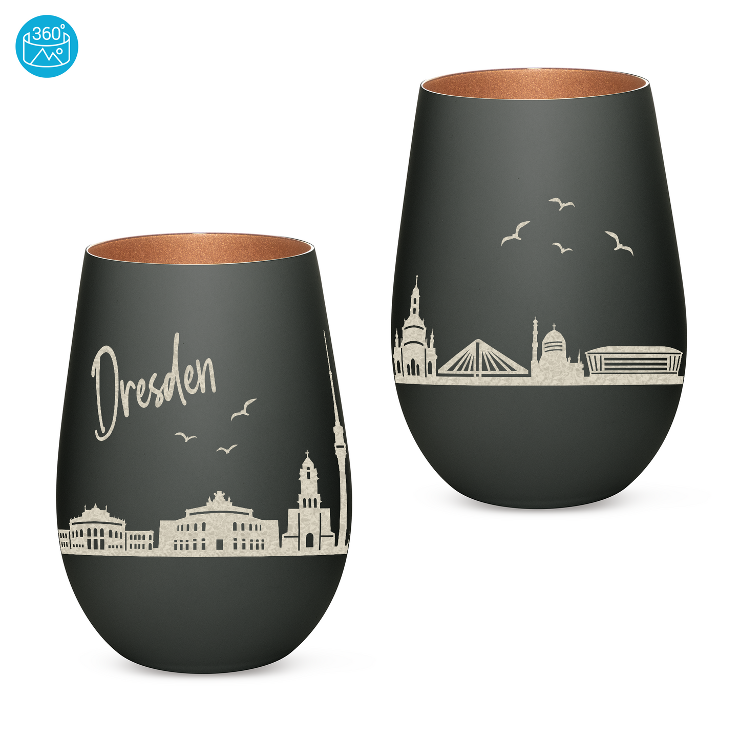 Hochwertiges Glas Windlicht mit Gravur "SKYLINE DRESDEN" in der Farbe Schwarz/Bronze