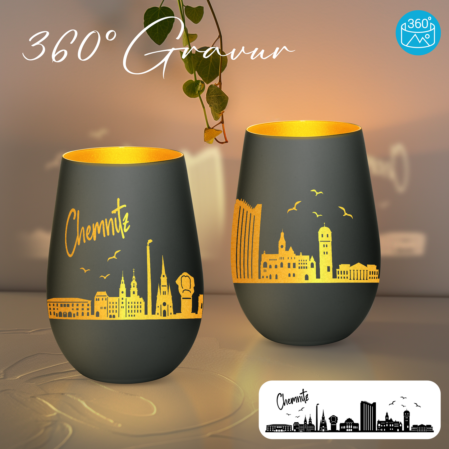 Hochwertiges Glas Windlicht mit Gravur "SKYLINE CHEMNITZ" in der Farbe Schwarz/Gold