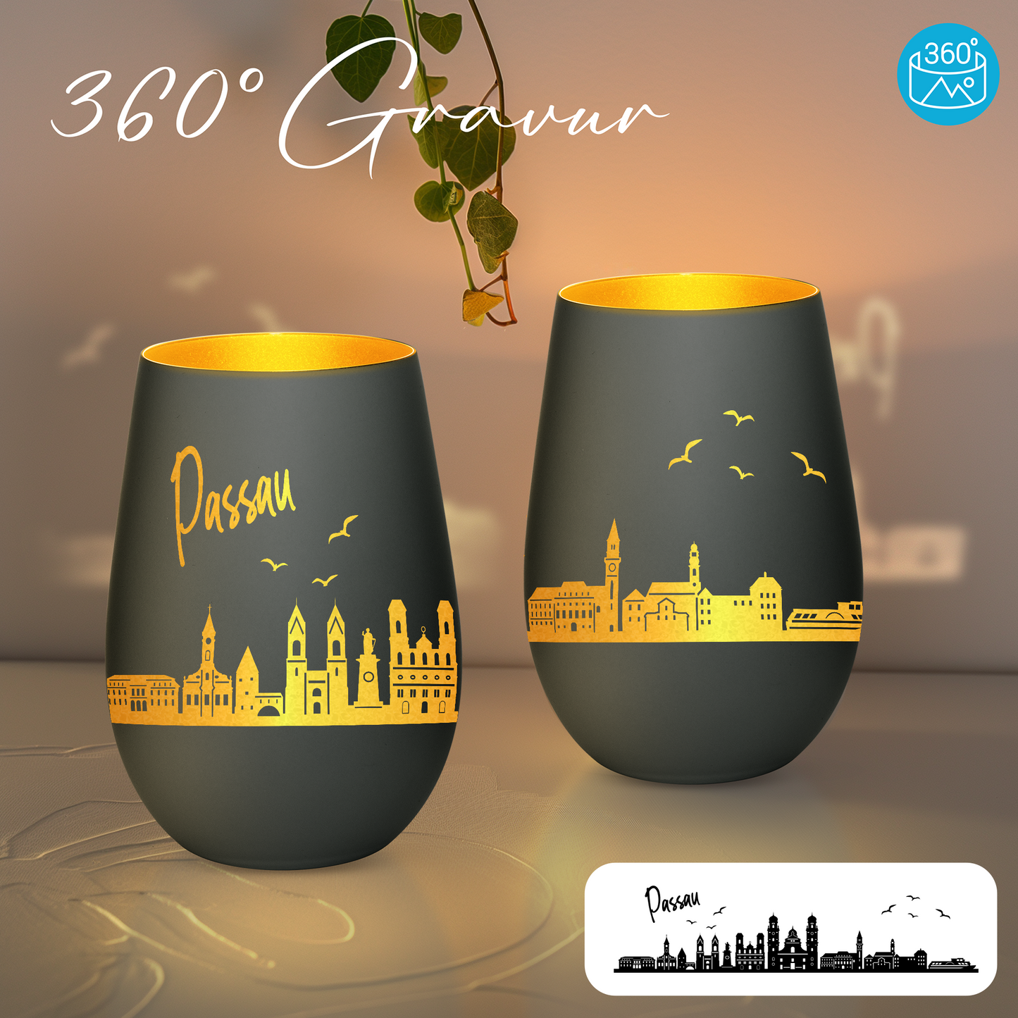 Hochwertiges Glas Windlicht mit Gravur "SKYLINE PASSAU" in der Farbe Schwarz/Gold