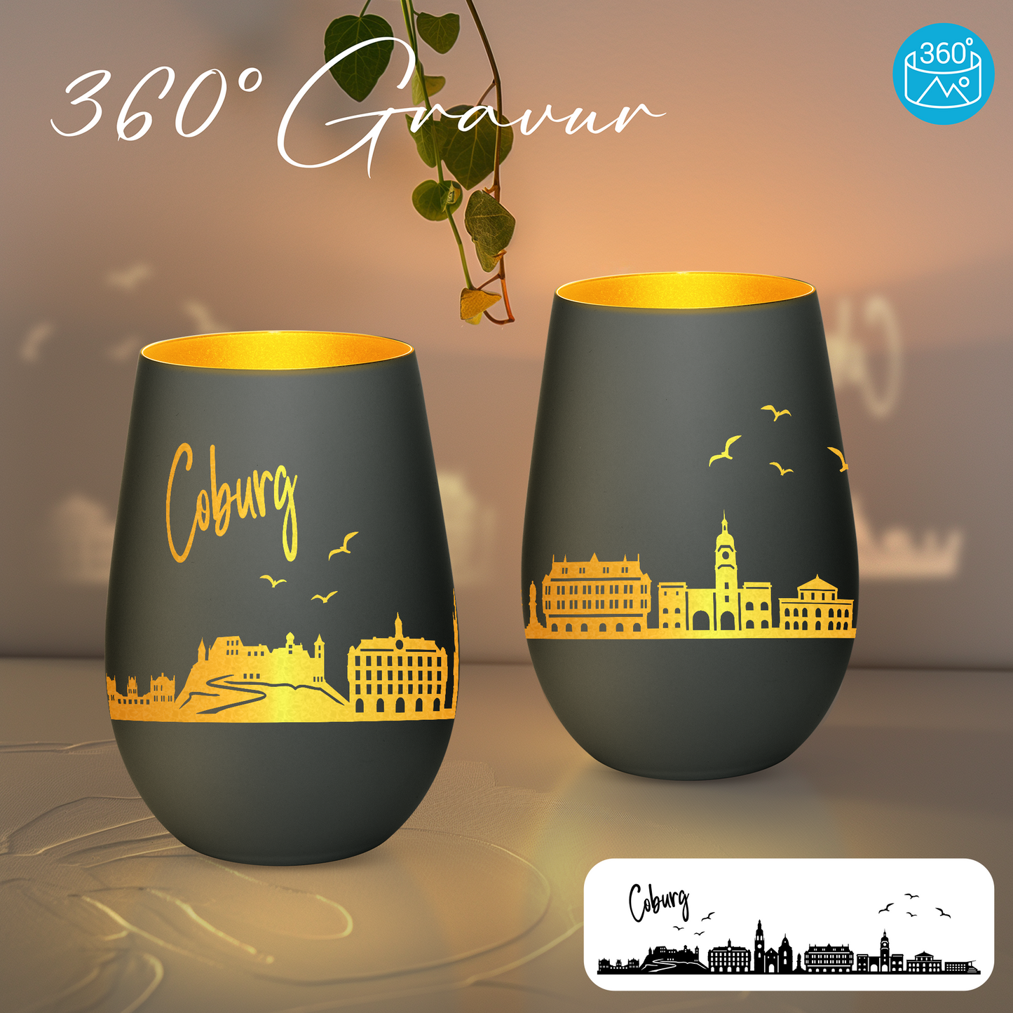 Hochwertiges Glas Windlicht mit Gravur "SKYLINE COBURG" in der Farbe Schwarz/Gold
