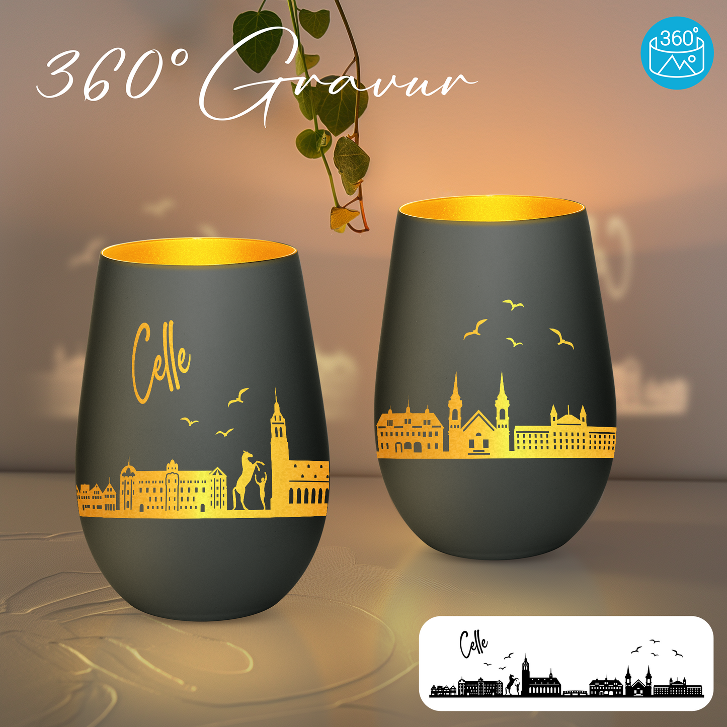 Hochwertiges Glas Windlicht mit Gravur "SKYLINE CELLE" in der Farbe Schwarz/Gold