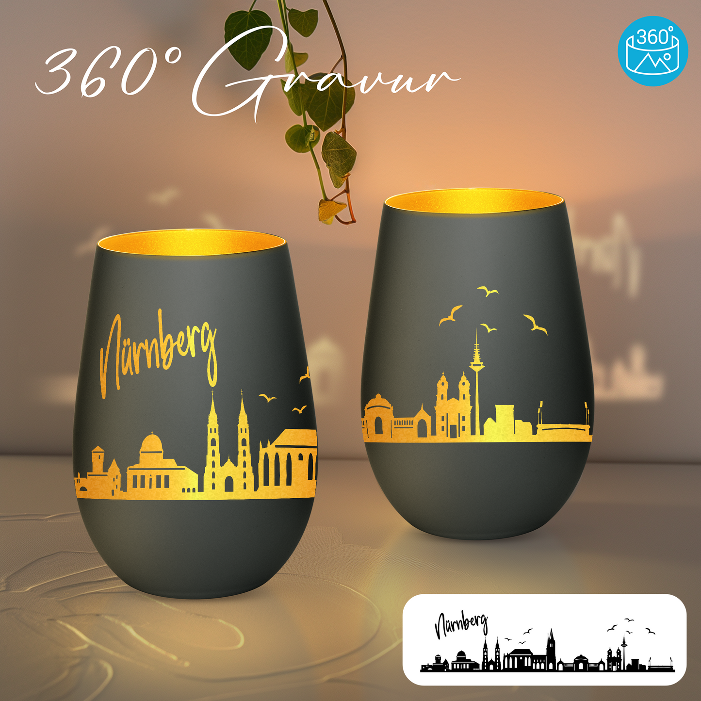 Hochwertiges Glas Windlicht mit Gravur "SKYLINE NÜRNBERG" in der Farbe Schwarz/Gold
