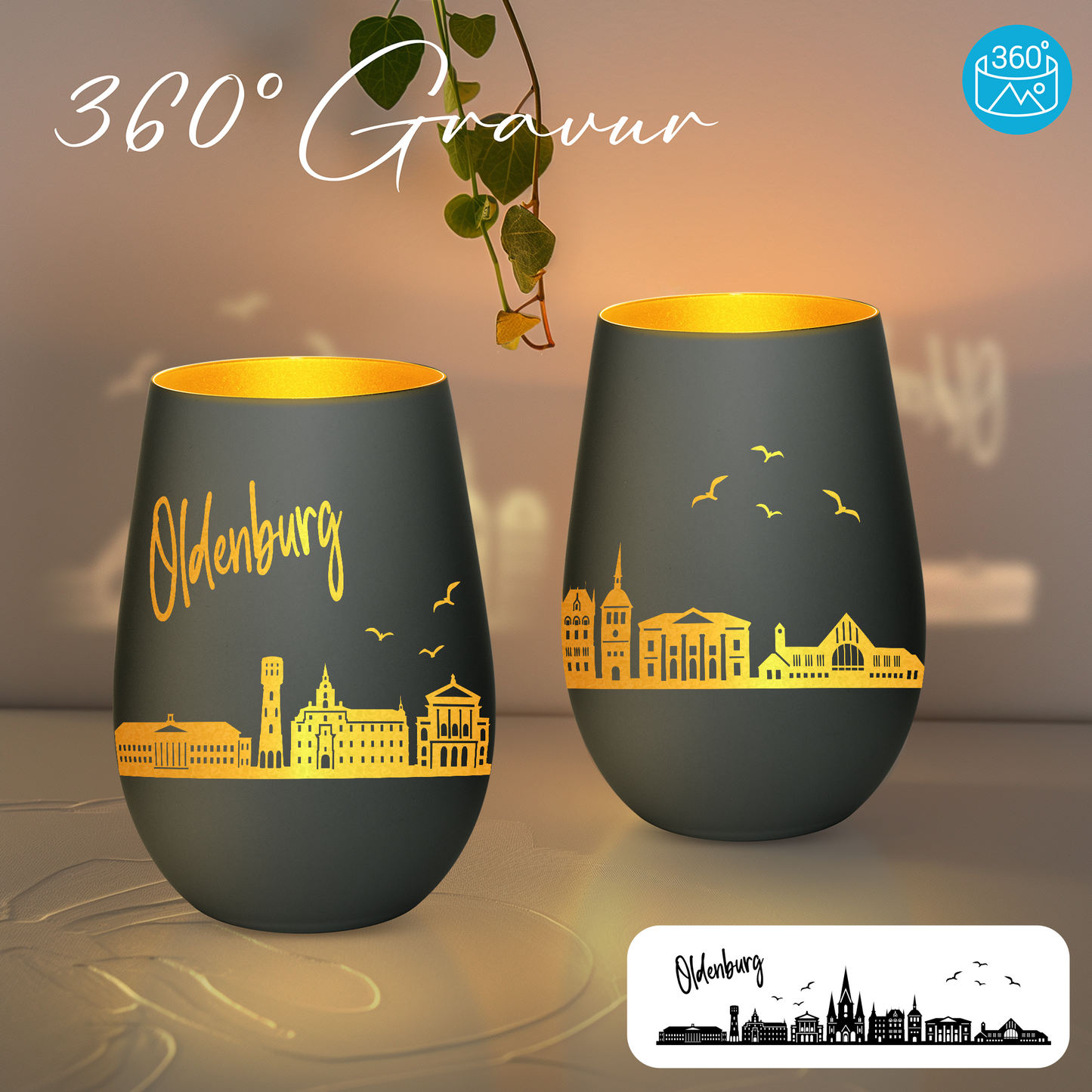 Hochwertiges Glas Windlicht mit Gravur "SKYLINE OLDENBURG" in der Farbe Schwarz/Gold