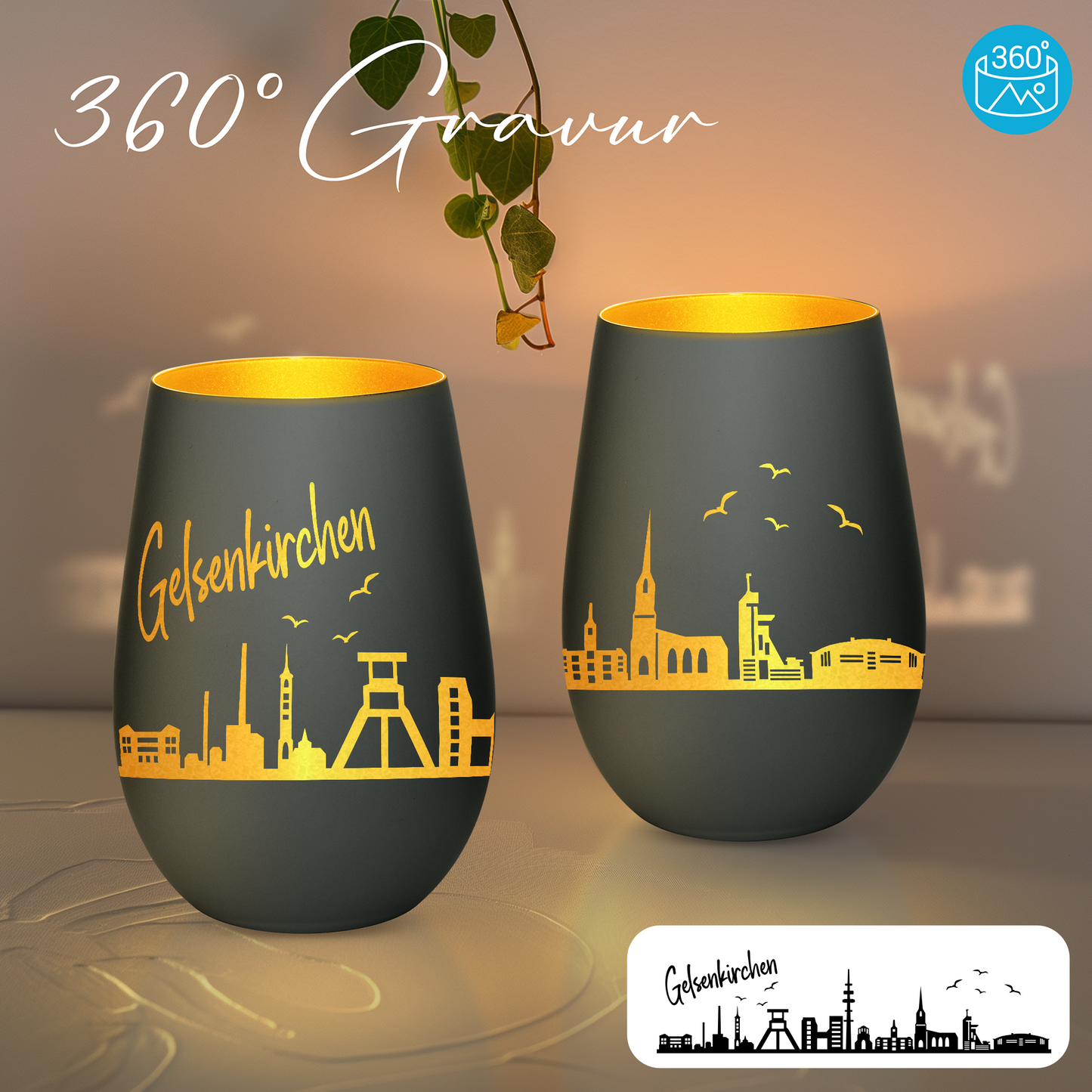 Hochwertiges Glas Windlicht mit Gravur "SKYLINE GELSENKIRCHEN" in der Farbe Schwarz/Gold