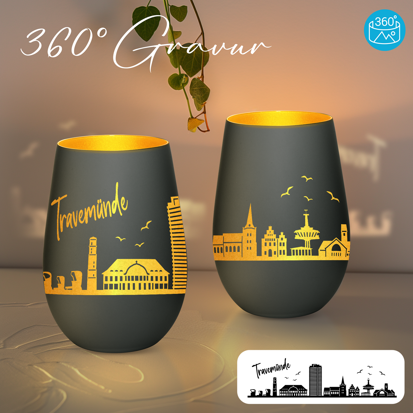 Hochwertiges Glas Windlicht mit Gravur "SKYLINE TRAVEMÜNDE" in der Farbe Schwarz/Gold