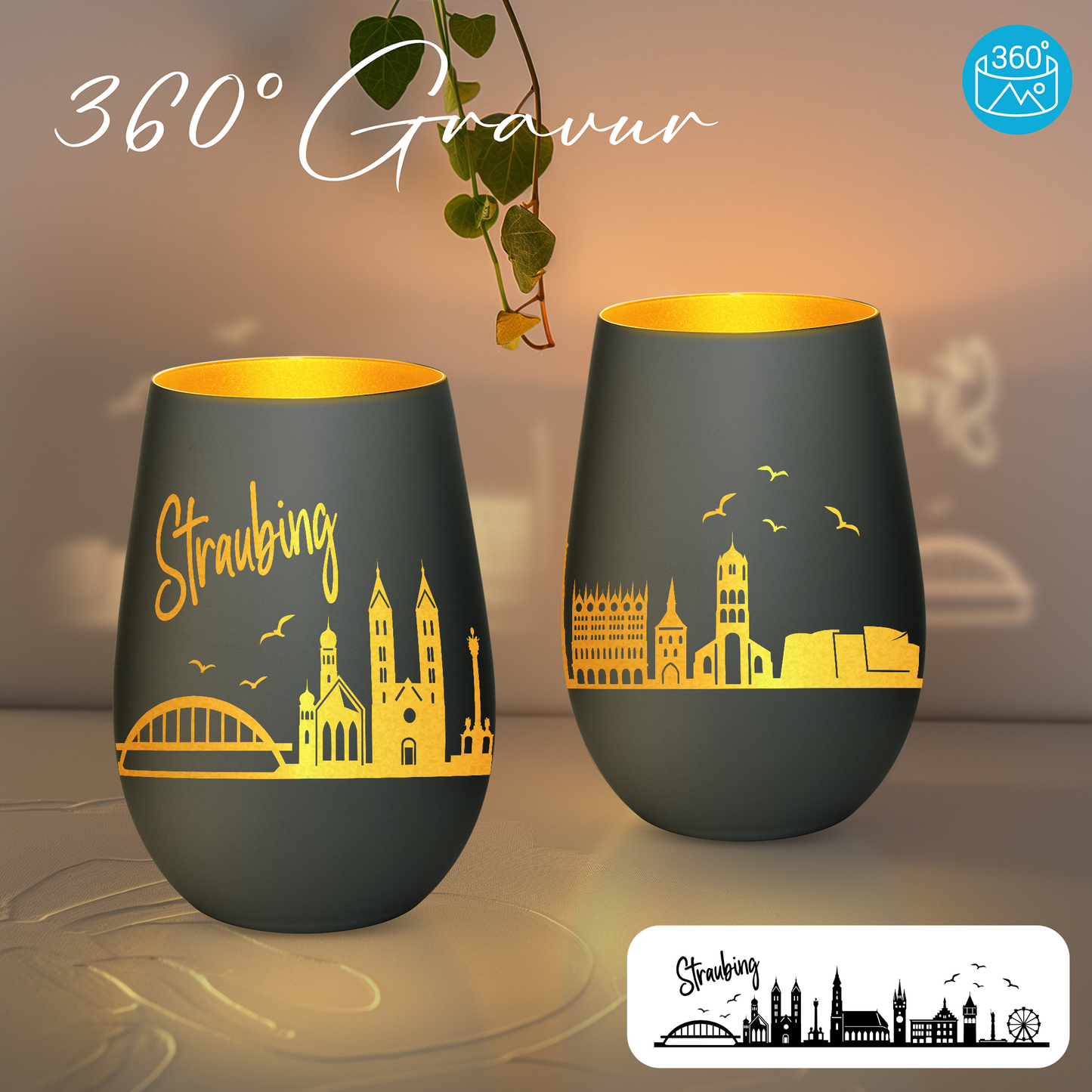 Hochwertiges Glas Windlicht mit Gravur "SKYLINE STRAUBING" in der Farbe Schwarz/Gold