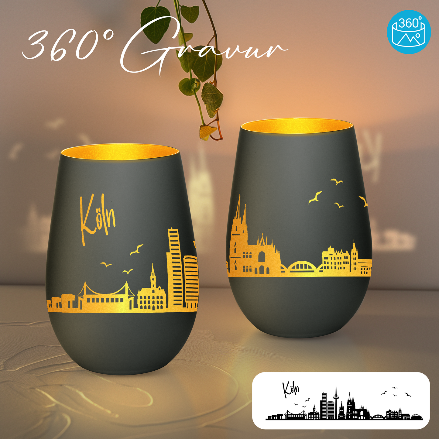 Hochwertiges Glas Windlicht mit Gravur "SKYLINE KÖLN" in der Farbe Schwarz/Gold