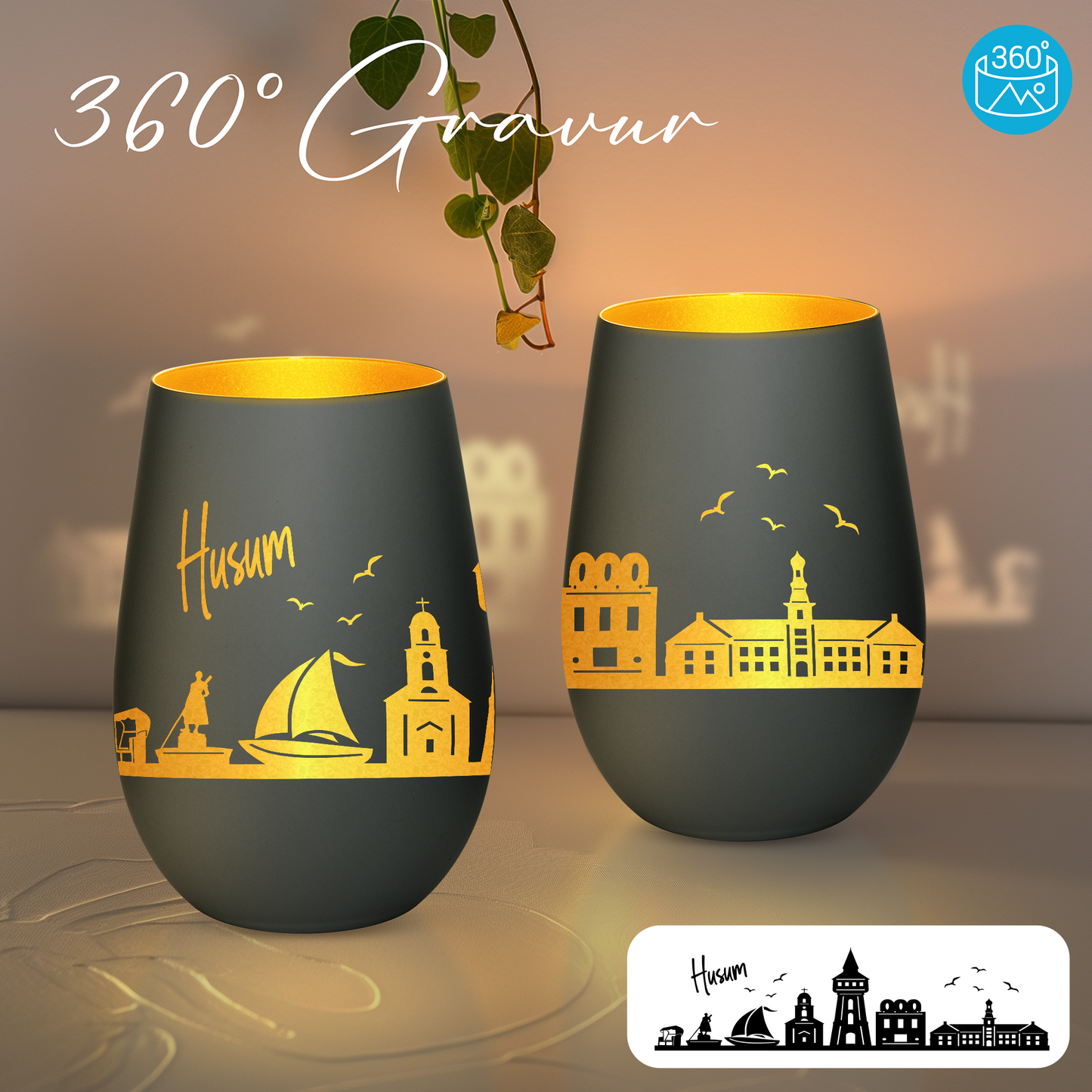 Hochwertiges Glas Windlicht mit Gravur "SKYLINE HUSUM" in der Farbe Schwarz/Gold