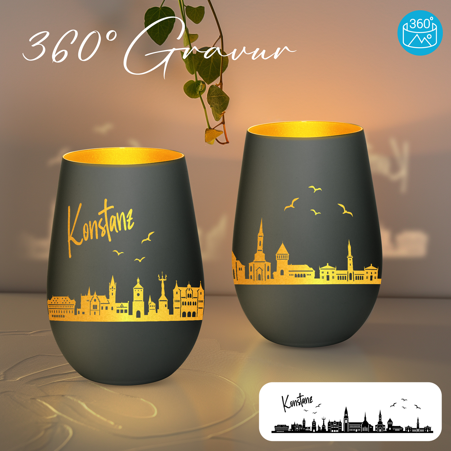 Hochwertiges Glas Windlicht mit Gravur "SKYLINE KONSTANZ" in der Farbe Schwarz/Gold