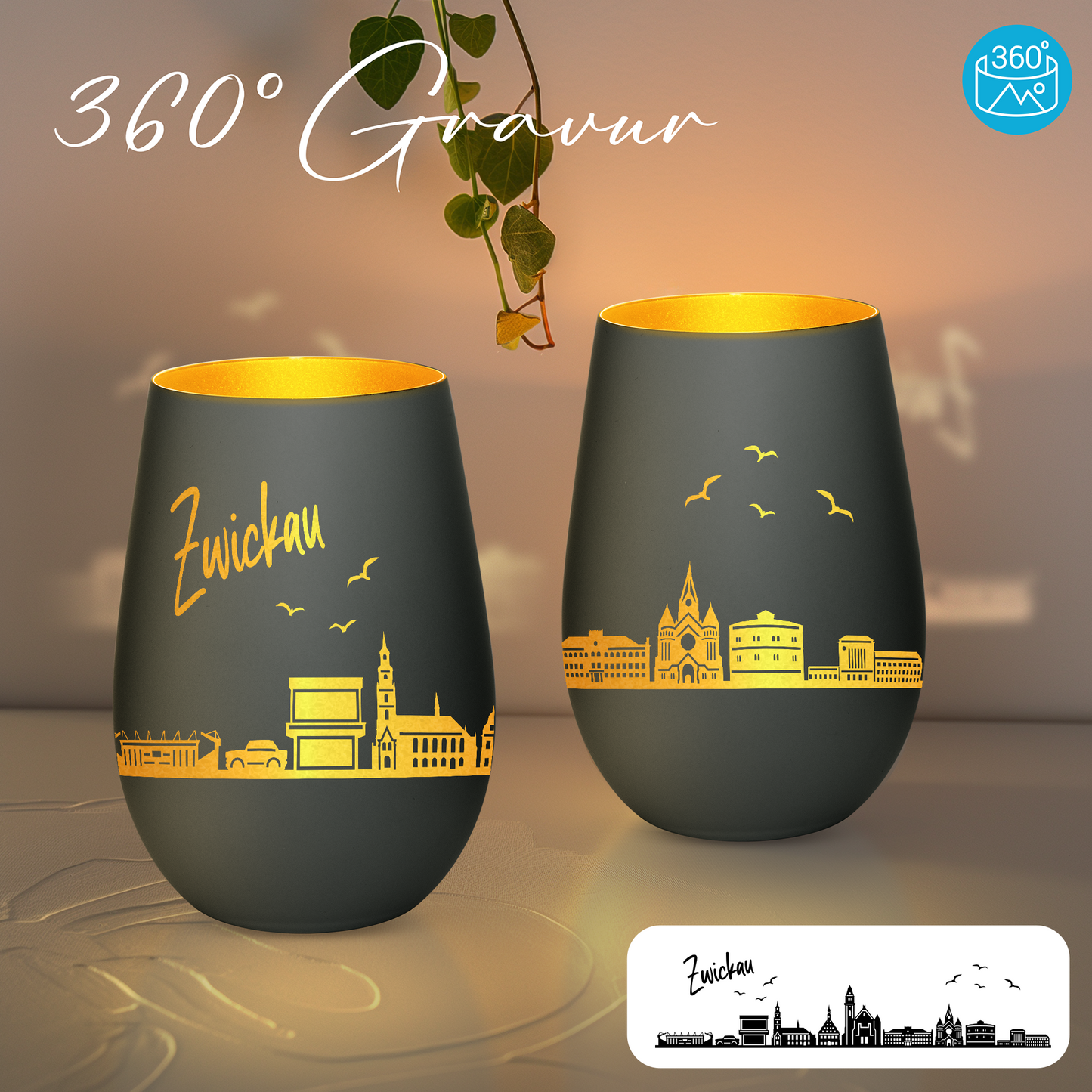 Hochwertiges Glas Windlicht mit Gravur "SKYLINE ZWICKAU" in der Farbe Schwarz/Gold