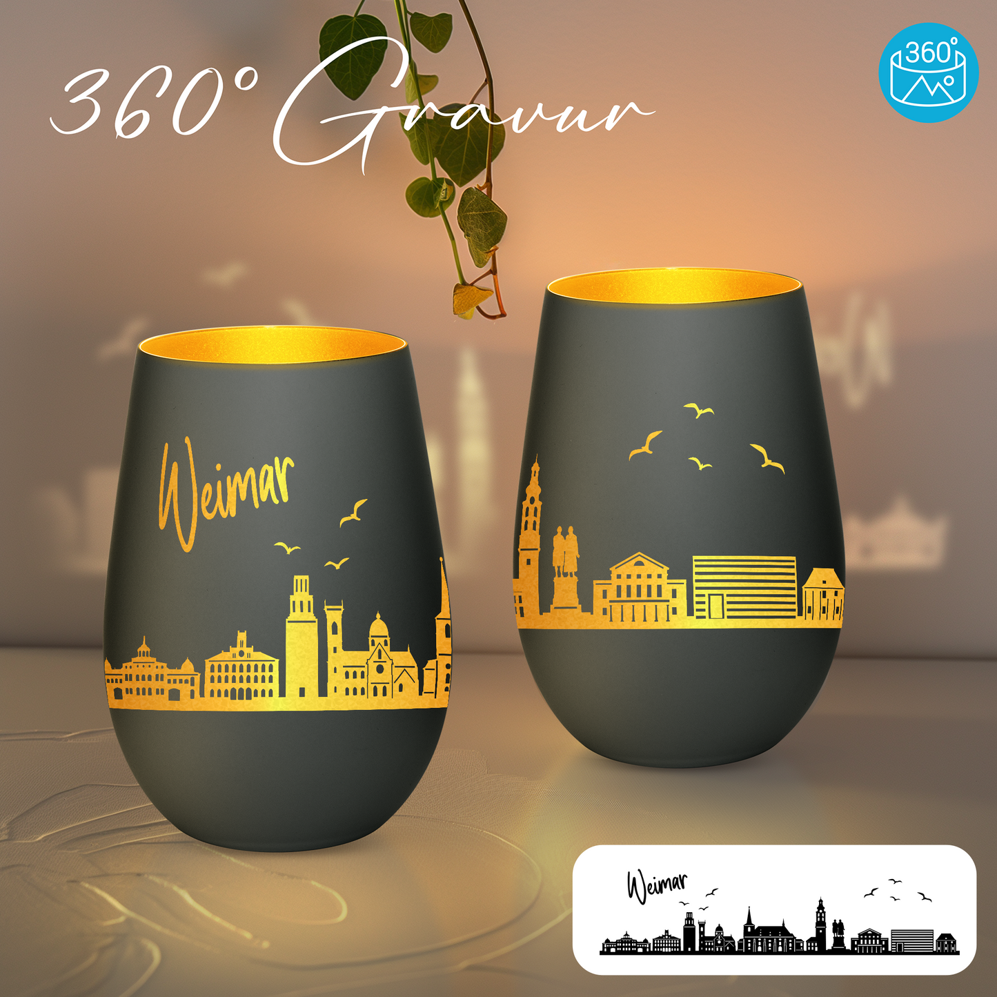 Hochwertiges Glas Windlicht mit Gravur "SKYLINE WEIMAR" in der Farbe Schwarz/Gold