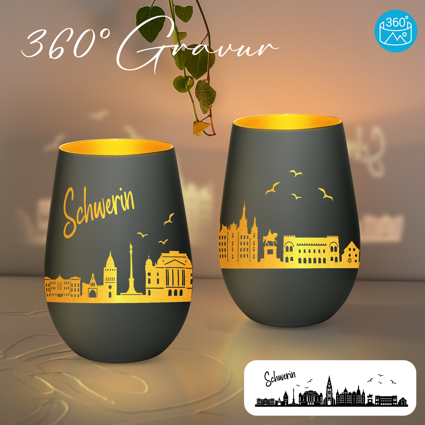 Hochwertiges Glas Windlicht mit Gravur "SKYLINE SCHWERIN" in der Farbe Schwarz/Gold