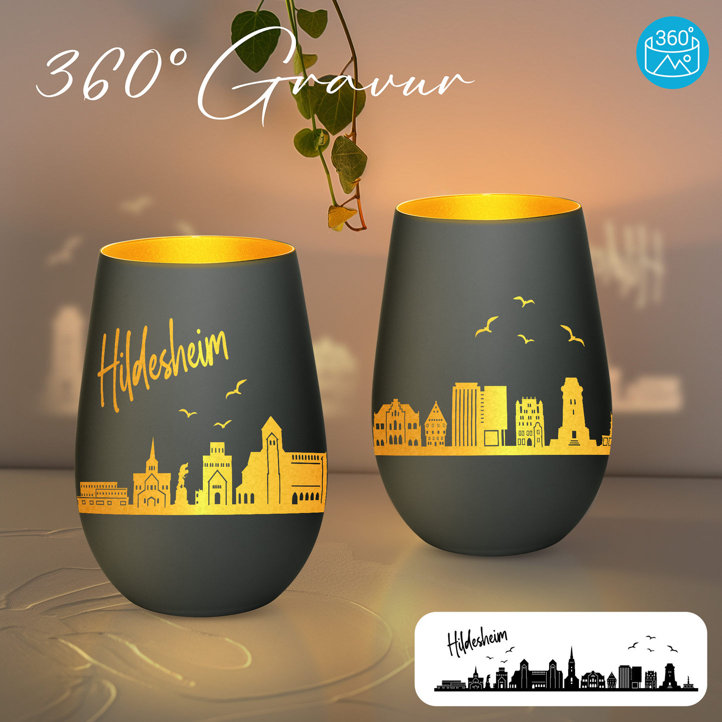 Hochwertiges Glas Windlicht mit Gravur "SKYLINE HILDESHEIM" in der Farbe Schwarz/Gold