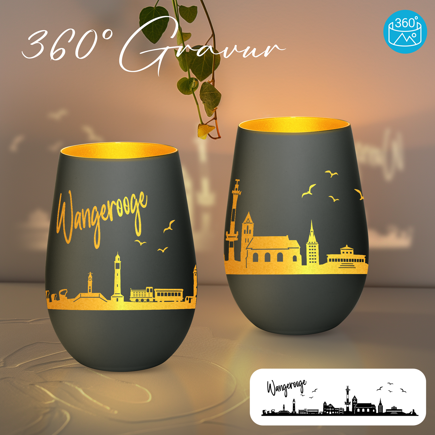 Hochwertiges Glas Windlicht mit Gravur "SKYLINE WANGEROOGE" in der Farbe Schwarz/Gold