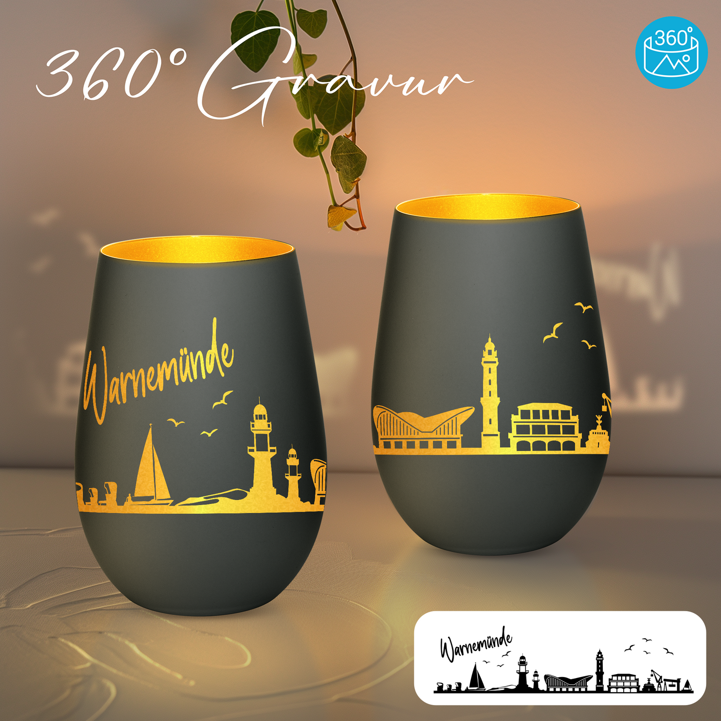Hochwertiges Glas Windlicht mit Gravur "SKYLINE WARNEMÜNDE" in der Farbe Schwarz/Gold