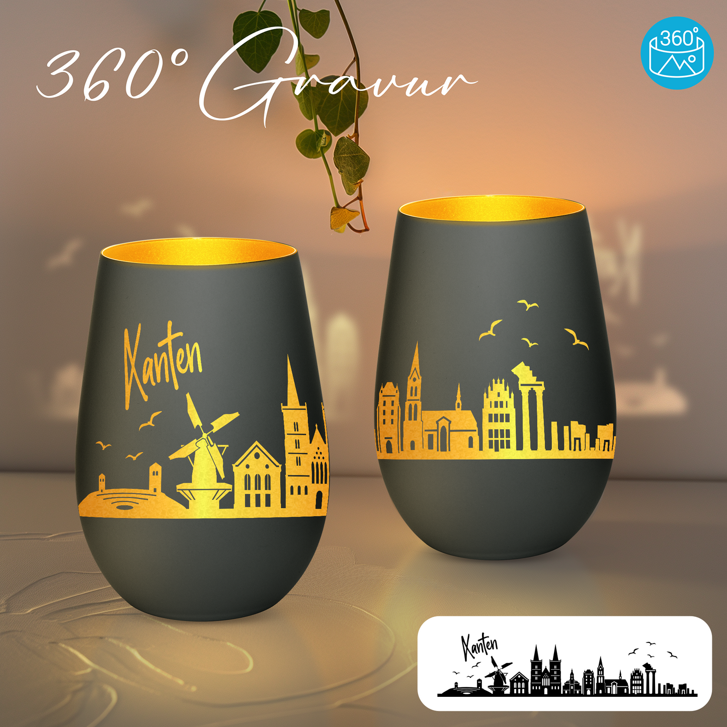 Hochwertiges Glas Windlicht mit Gravur "SKYLINE XANTEN" in der Farbe Schwarz/Gold