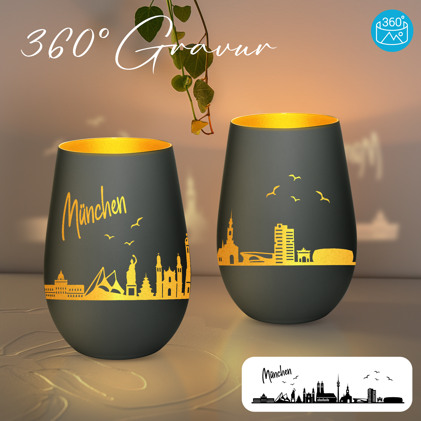 Hochwertiges Glas Windlicht mit Gravur "SKYLINE MÜNCHEN" in der Farbe Schwarz/Gold