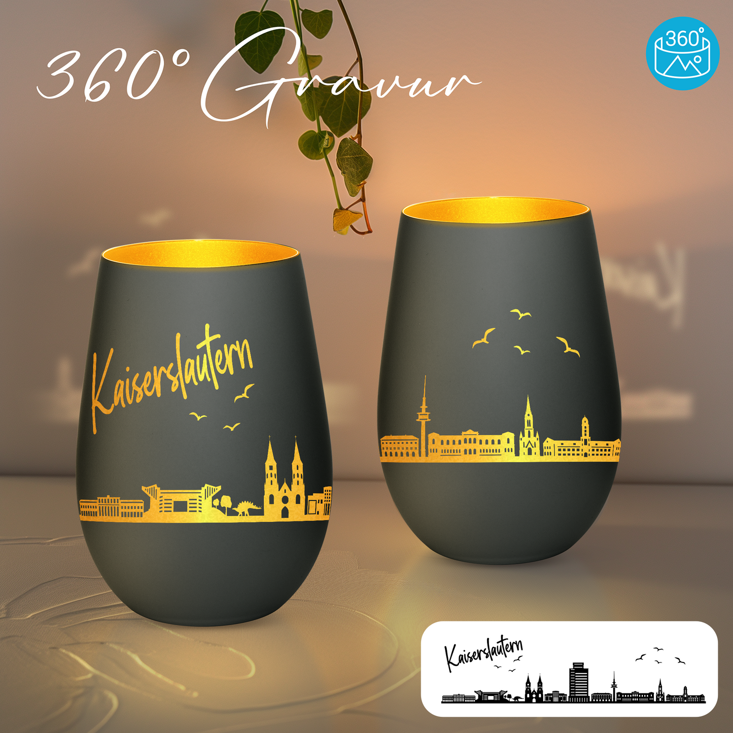 Hochwertiges Glas Windlicht mit Gravur "SKYLINE KAISERSLAUTERN" in der Farbe Schwarz/Gold