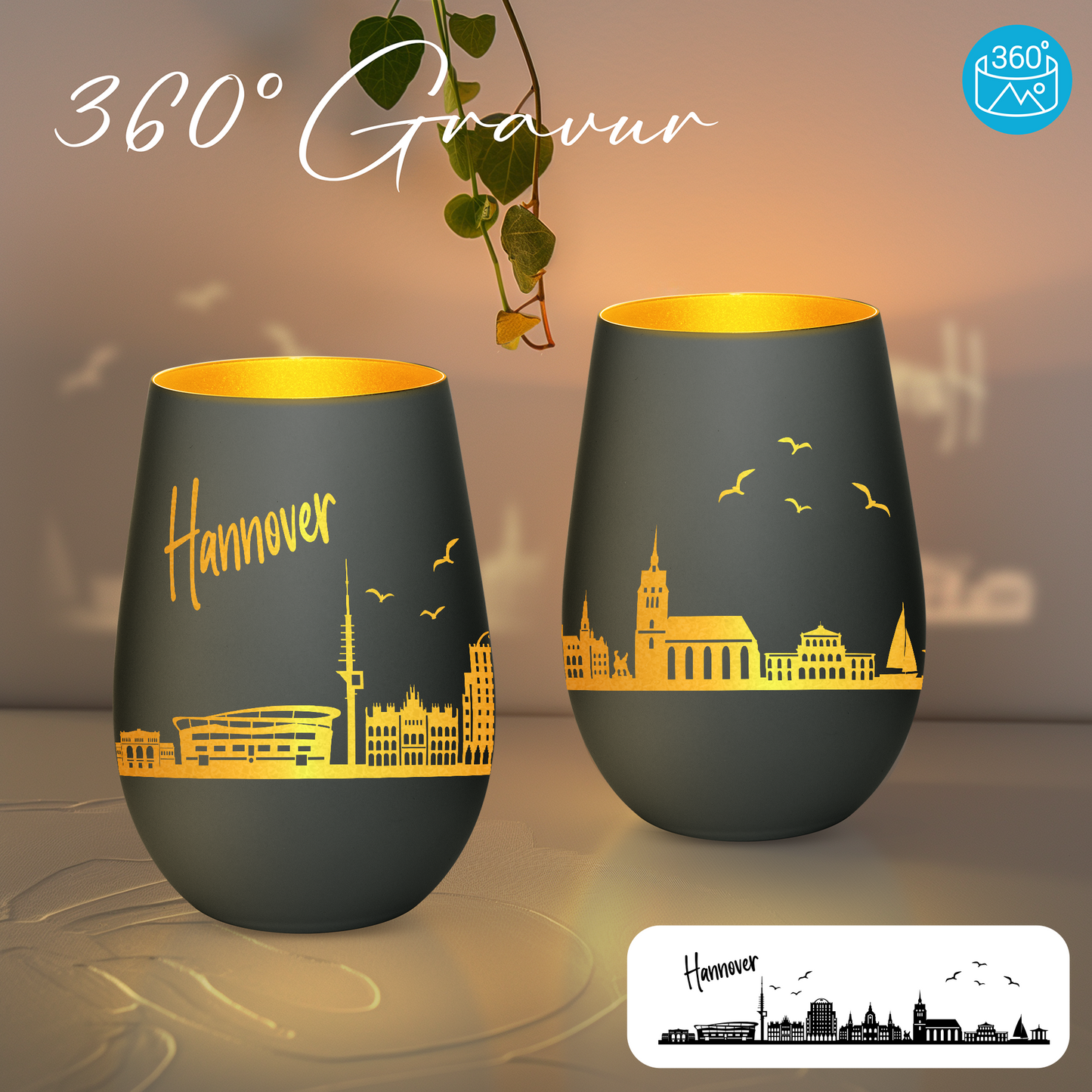 Hochwertiges Glas Windlicht mit Gravur "SKYLINE HANNOVER" in der Farbe Schwarz/Gold