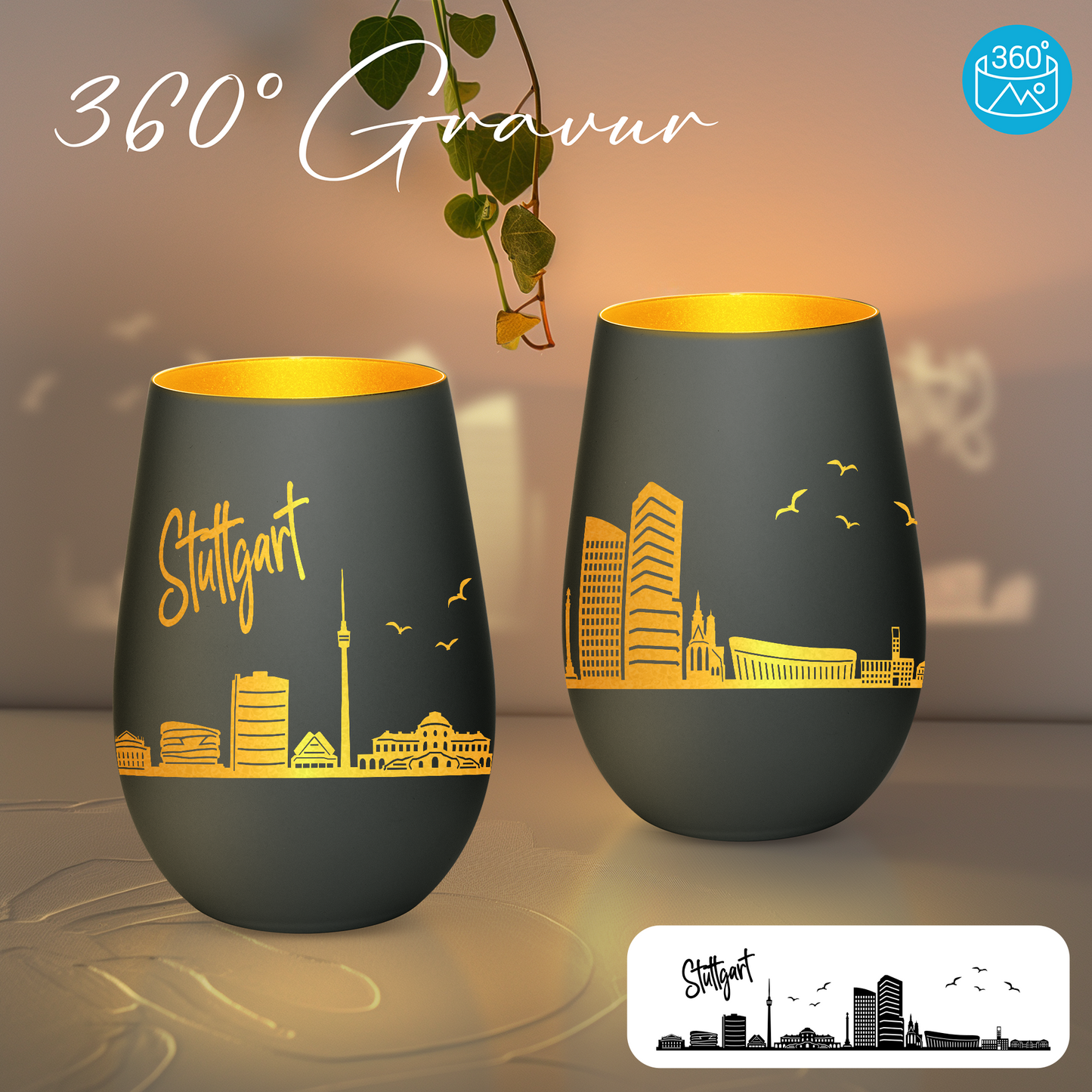 Hochwertiges Glas Windlicht mit Gravur "SKYLINE STUTTGART" in der Farbe Schwarz/Gold