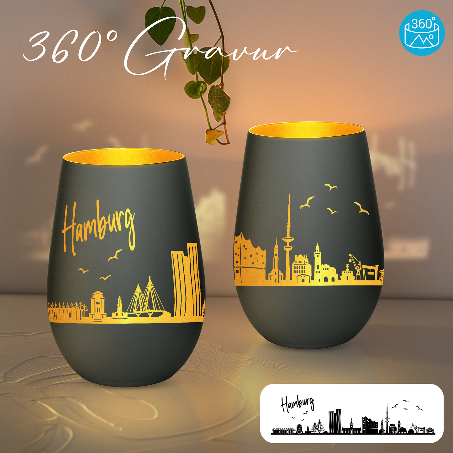 Hochwertiges Glas Windlicht mit Gravur "SKYLINE HAMBURG" in der Farbe Schwarz/Gold