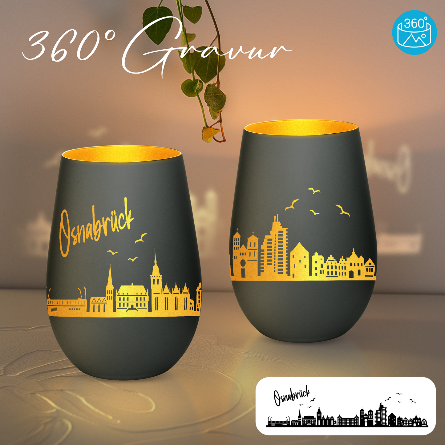 Hochwertiges Glas Windlicht mit Gravur "SKYLINE OSNABRÜCK" in der Farbe Schwarz/Gold