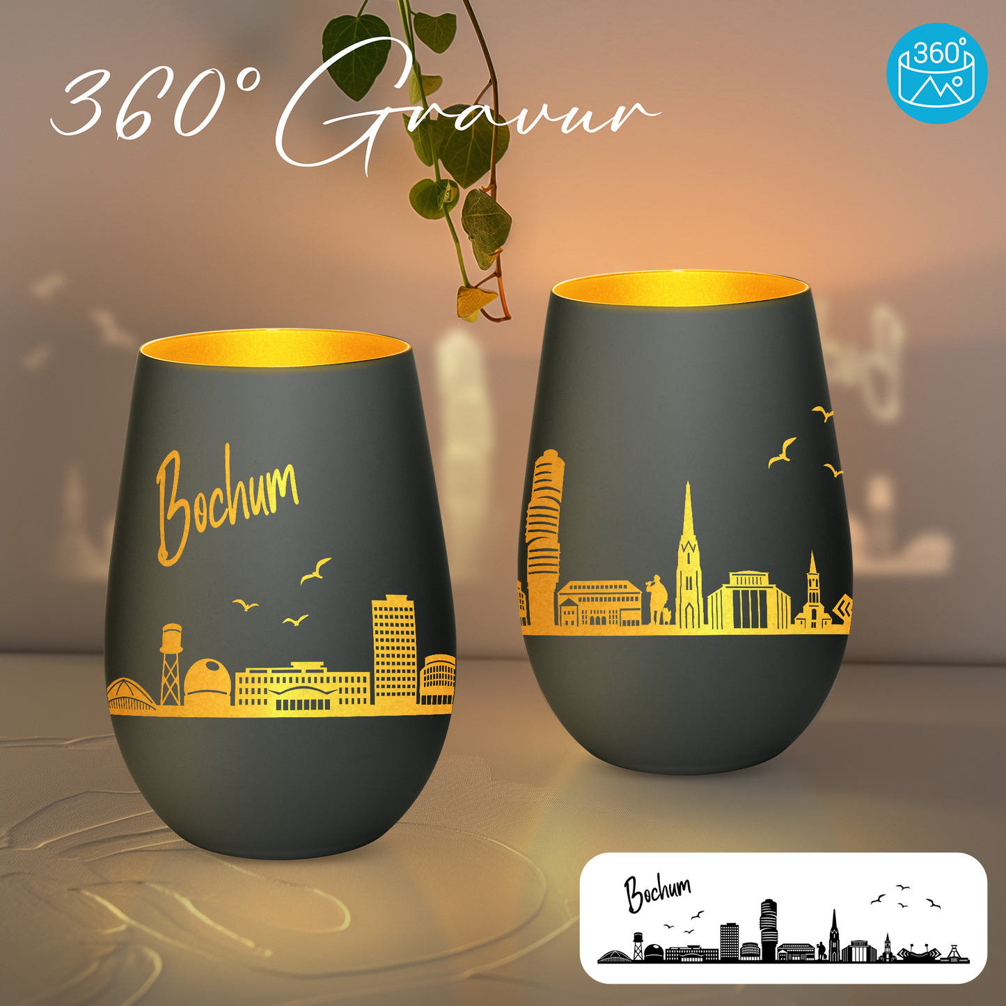 Hochwertiges Glas Windlicht mit Gravur "SKYLINE BOCHUM" in der Farbe Schwarz/Gold