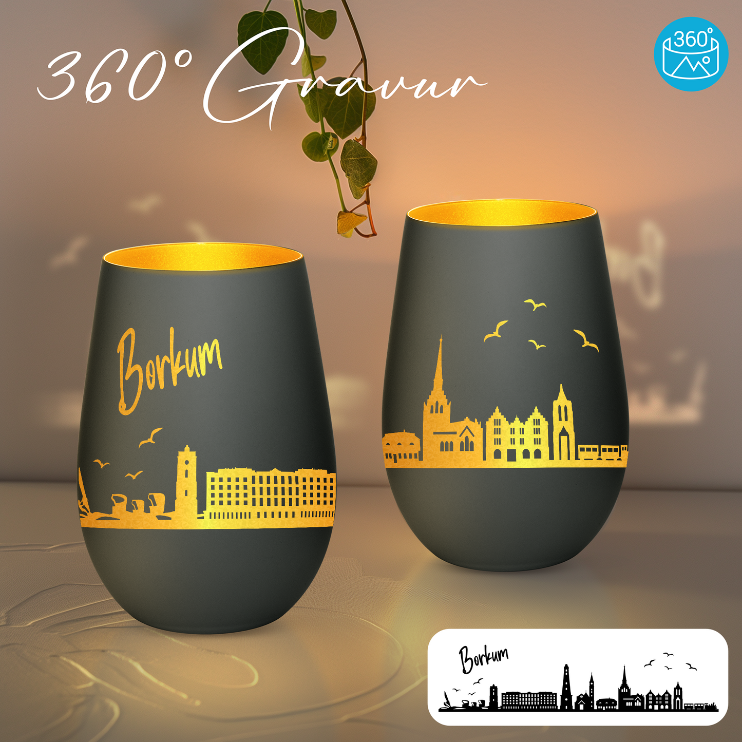 Hochwertiges Glas Windlicht mit Gravur "SKYLINE BORKUM" in der Farbe Schwarz/Gold