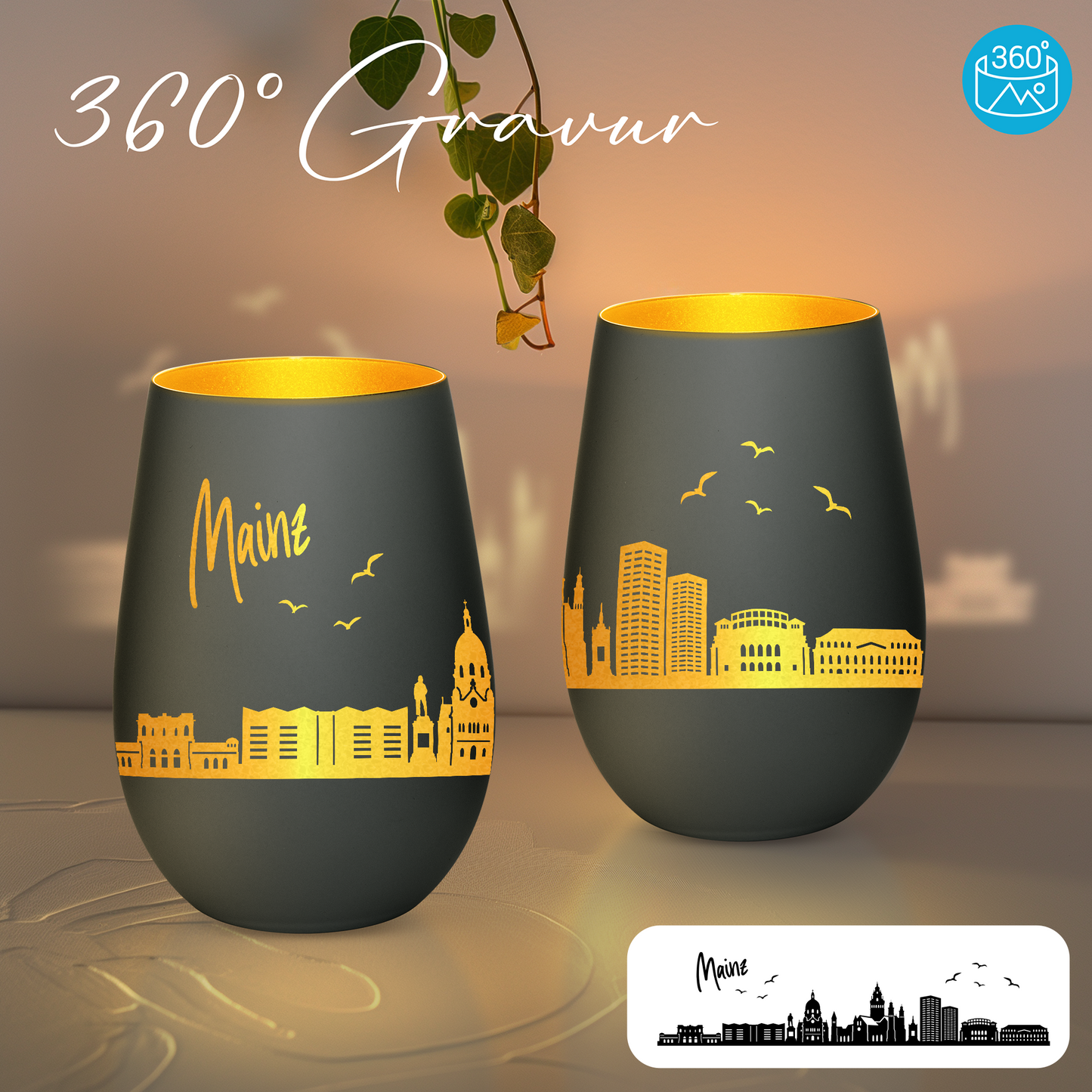 Hochwertiges Glas Windlicht mit Gravur "SKYLINE MAINZ" in der Farbe Schwarz/Gold