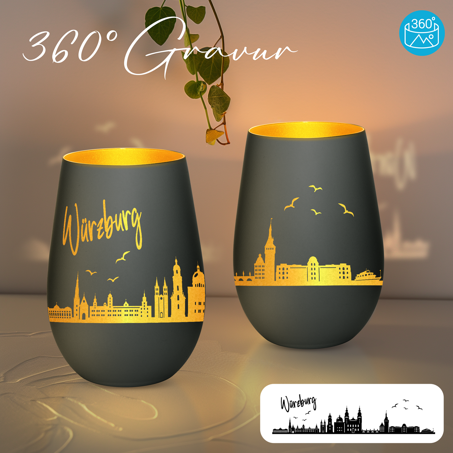 Hochwertiges Glas Windlicht mit Gravur "SKYLINE WÜRZBURG" in der Farbe Schwarz/Gold