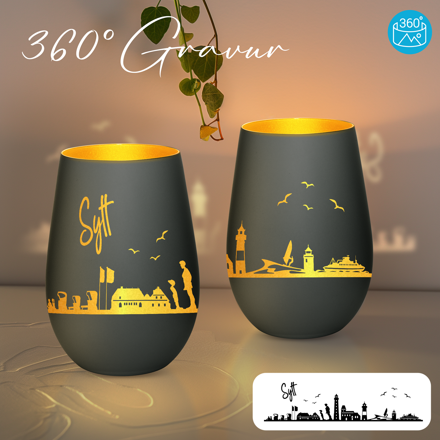 Hochwertiges Glas Windlicht mit Gravur "SKYLINE SYLT" in der Farbe Schwarz/Gold