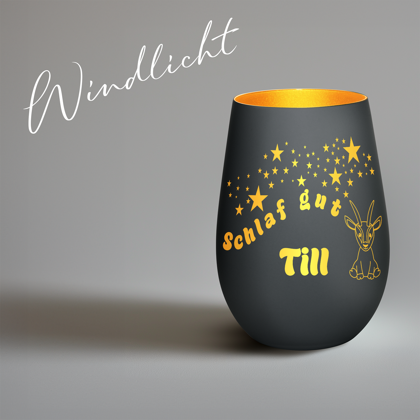 Hochwertiges Glas Windlicht für Kinder mit Gravur "SCHLAF GUT" Motiv Antilope mit Wunschname in der Farbe Schwarz/Gold