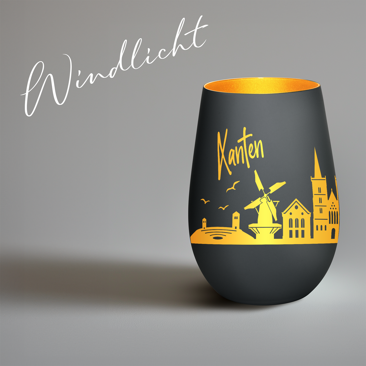 Hochwertiges Glas Windlicht mit Gravur "SKYLINE XANTEN" in der Farbe Schwarz/Gold