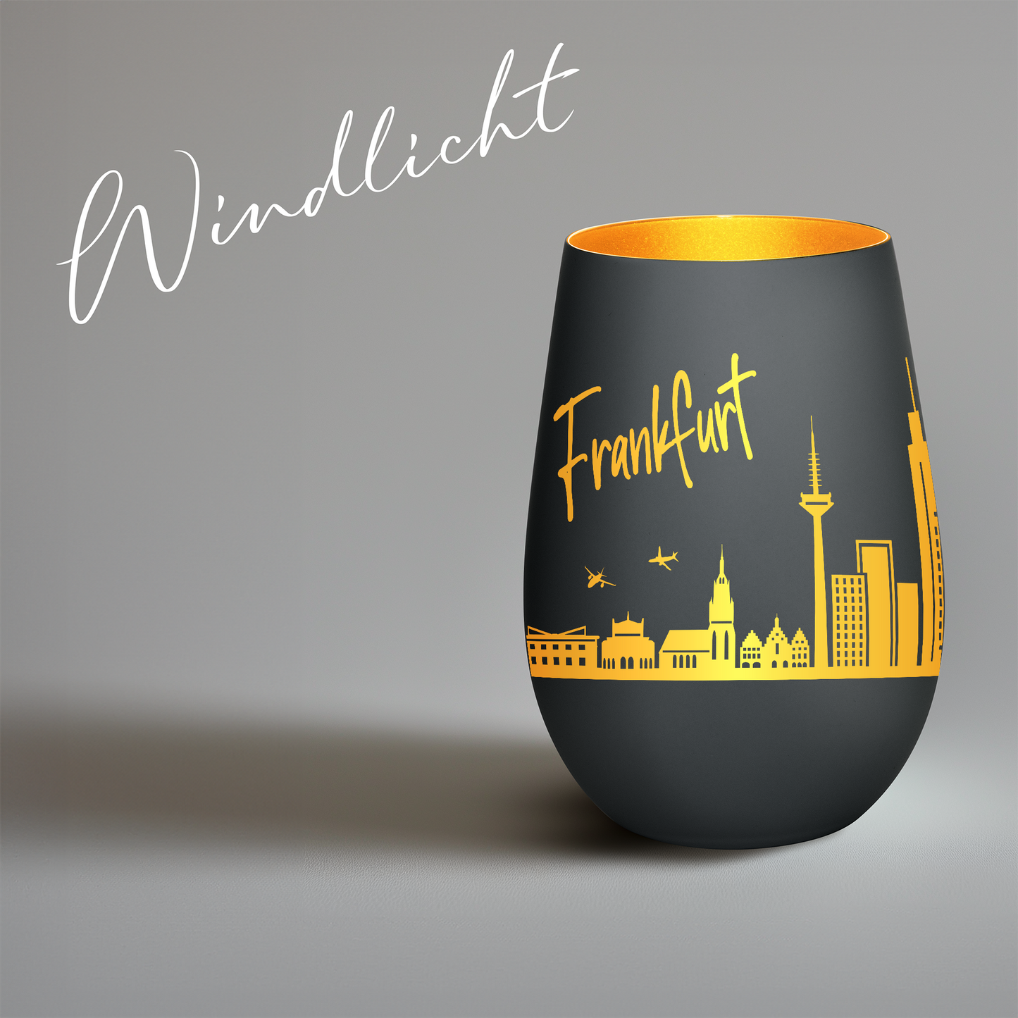 Hochwertiges Glas Windlicht mit Gravur "SKYLINE FRANKFURT" in der Farbe Schwarz/Gold