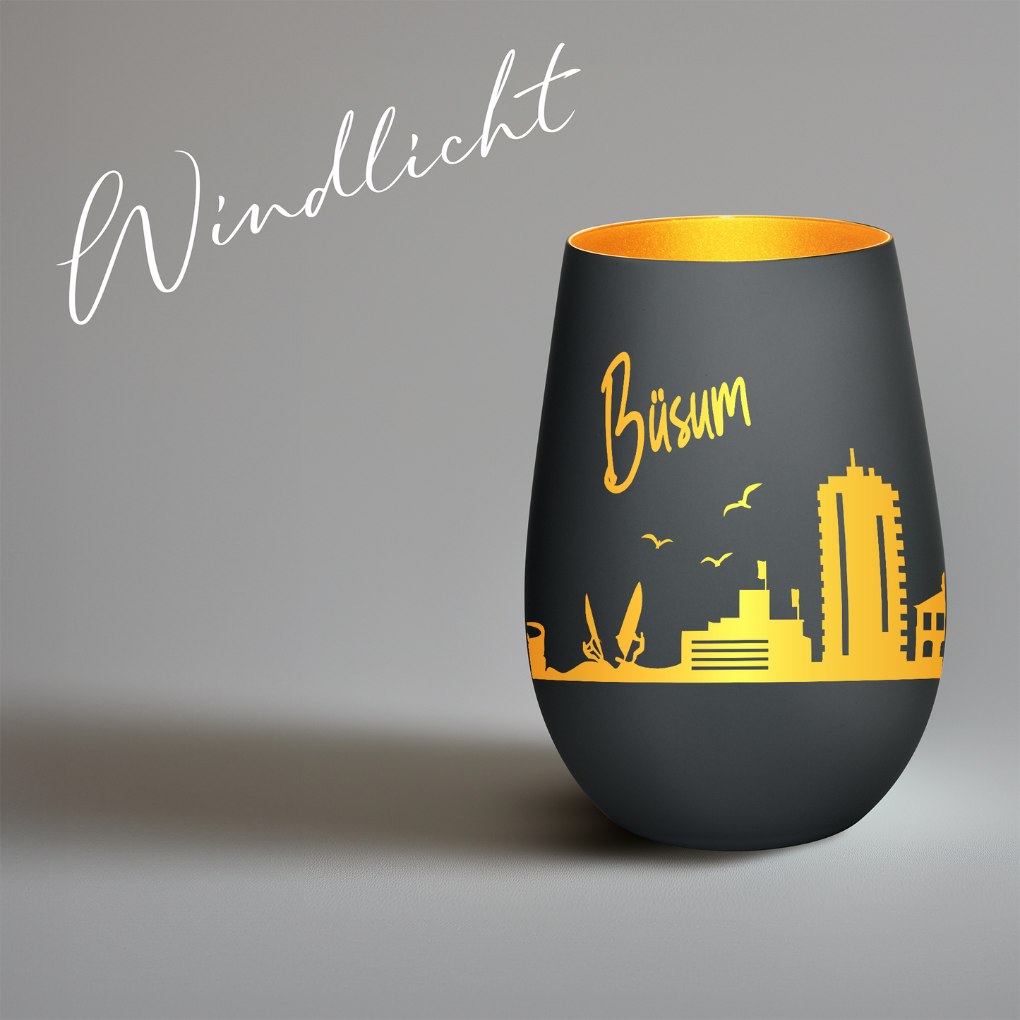 Hochwertiges Glas Windlicht mit Gravur "SKYLINE BÜSUM" in der Farbe Schwarz/Gold