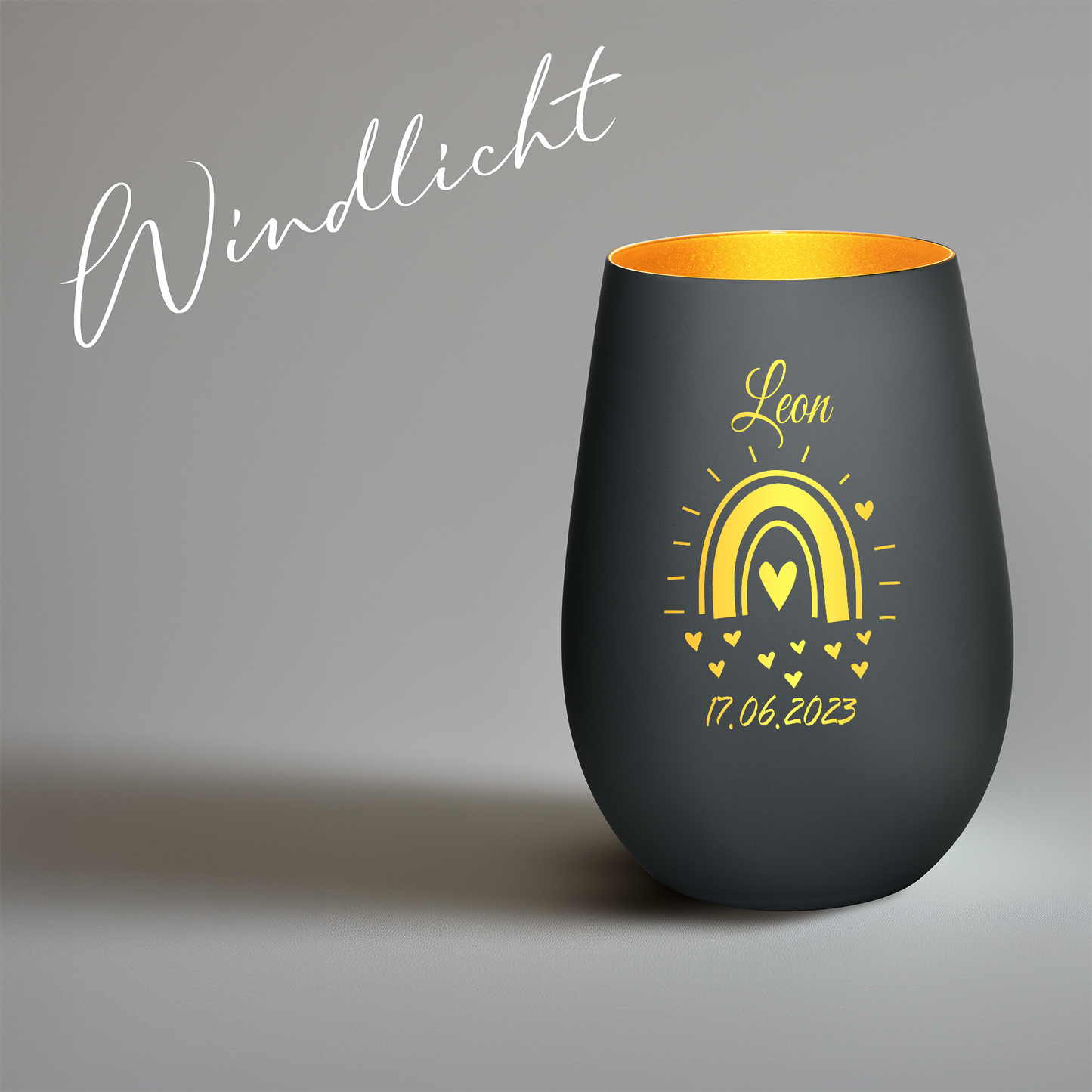 Hochwertiges Glas Windlicht mit Gravur "GEBURT MIT REGENBOGEN" mit Wunschname und Datum in der Farbe Schwarz/Gold