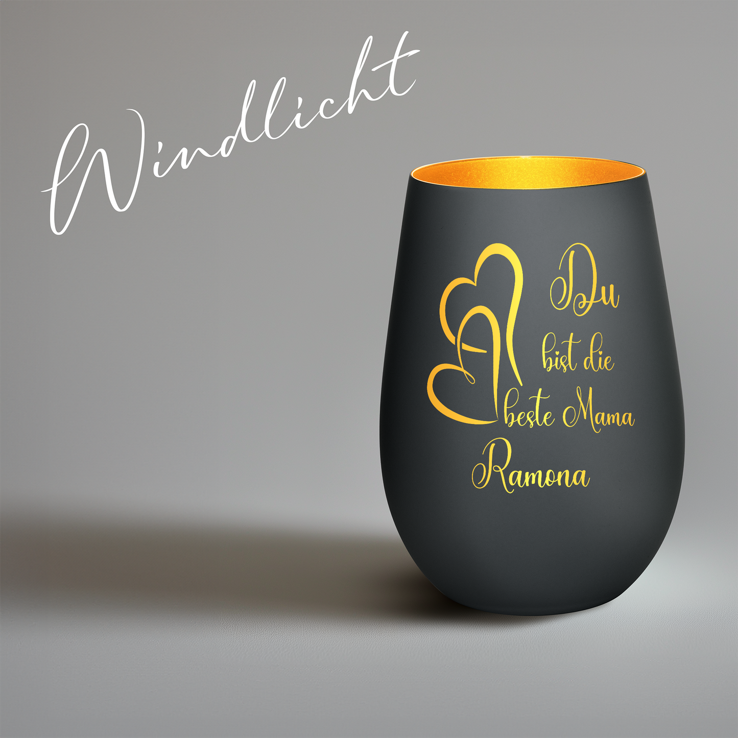 Hochwertiges Glas Windlicht mit Gravur "DU BIST DIE BESTE MAMA" mit Wunschname in der Farbe Schwarz/Gold