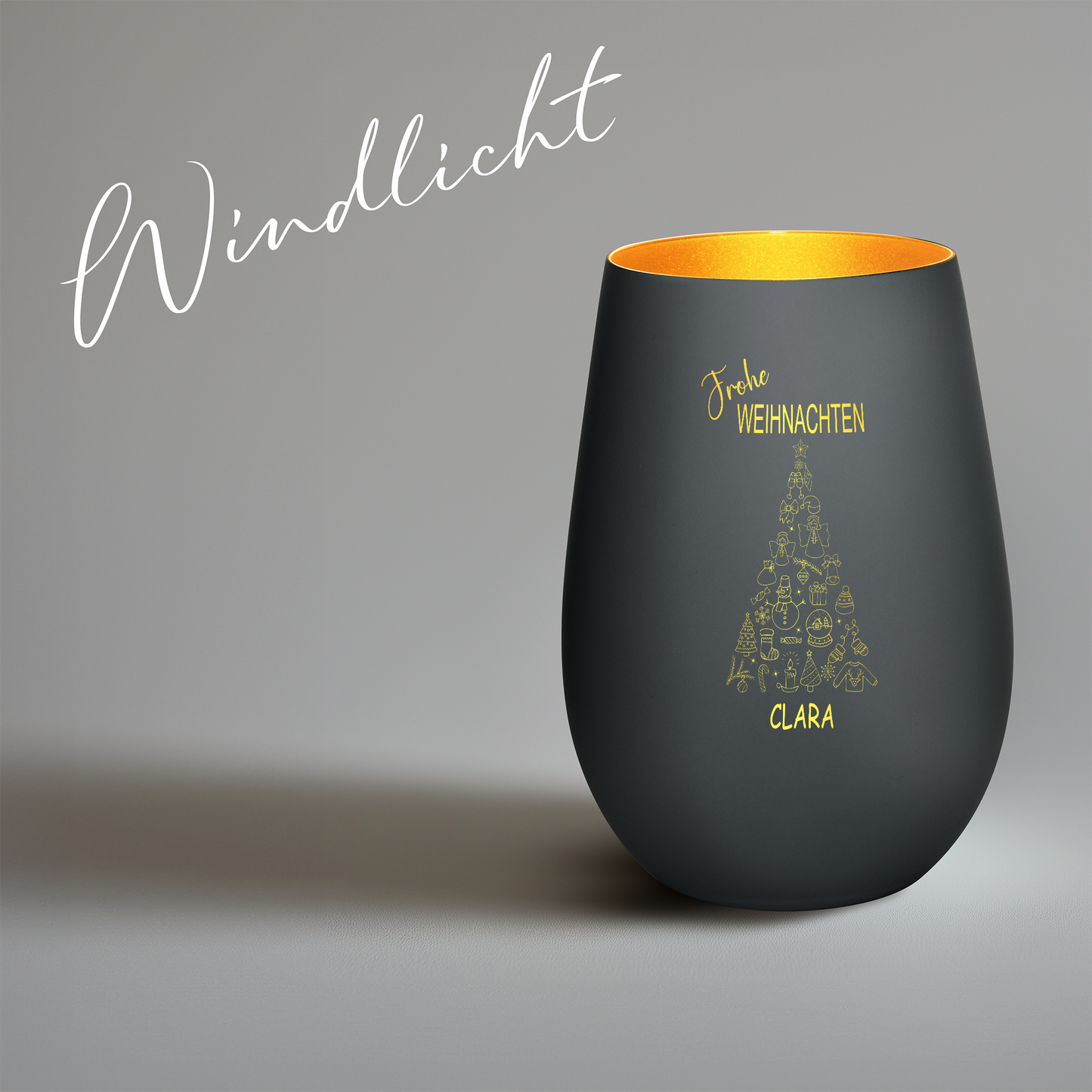 Hochwertiges Glas Windlicht mit Gravur "FROHE WEIHNACHTEN" mit Wunschname in der Farbe Schwarz/Gold