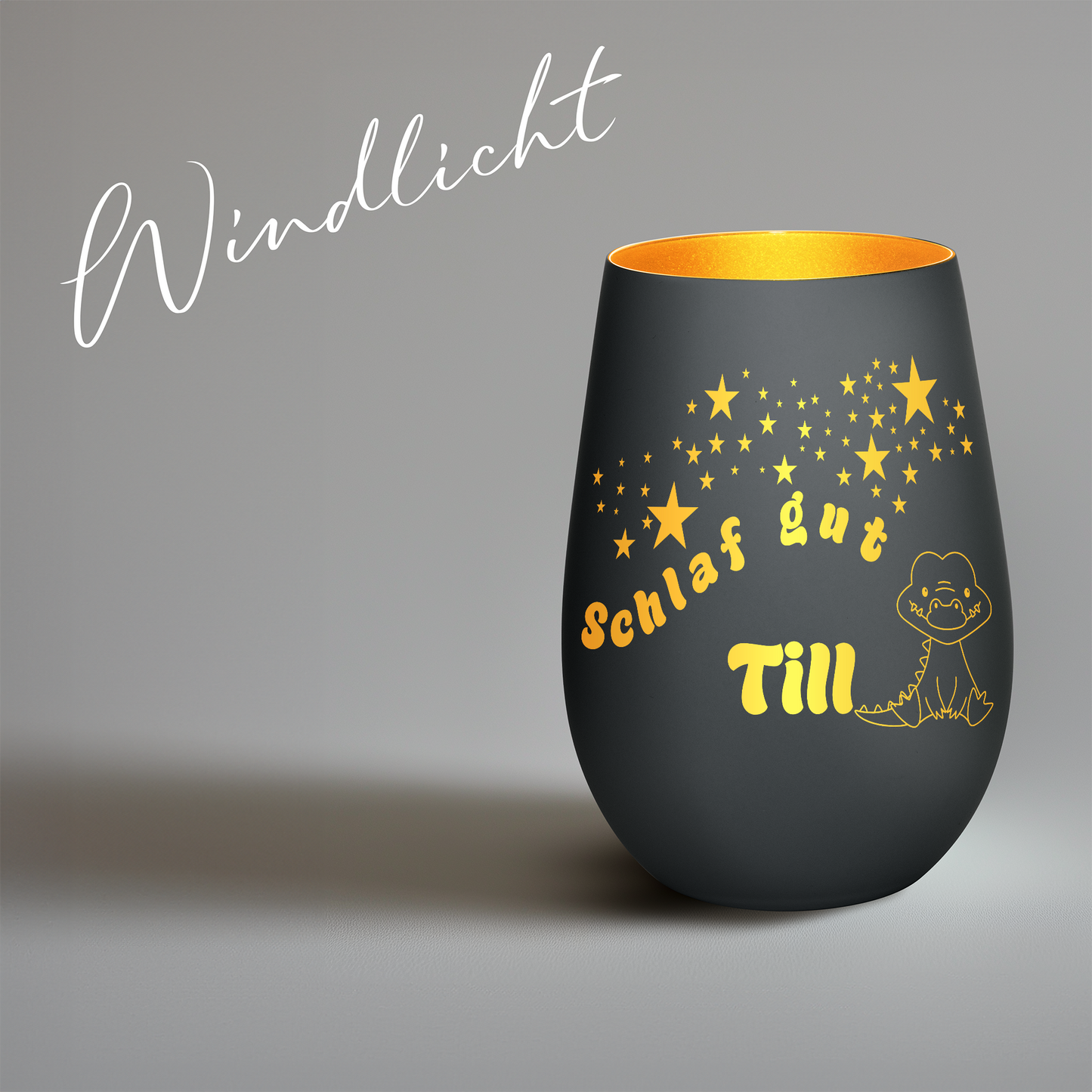 Hochwertiges Glas Windlicht für Kinder mit Gravur "SCHLAF GUT" Motiv Krokodil mit Wunschname in der Farbe Schwarz/Gold