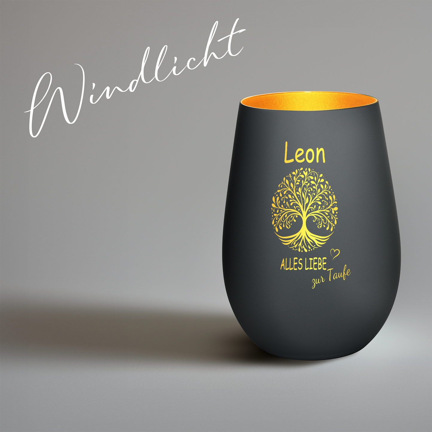 Hochwertiges Glas Windlicht mit Gravur "ALLES LIEBE ZUR TAUFE" mit Wunschname in der Farbe Schwarz/Gold