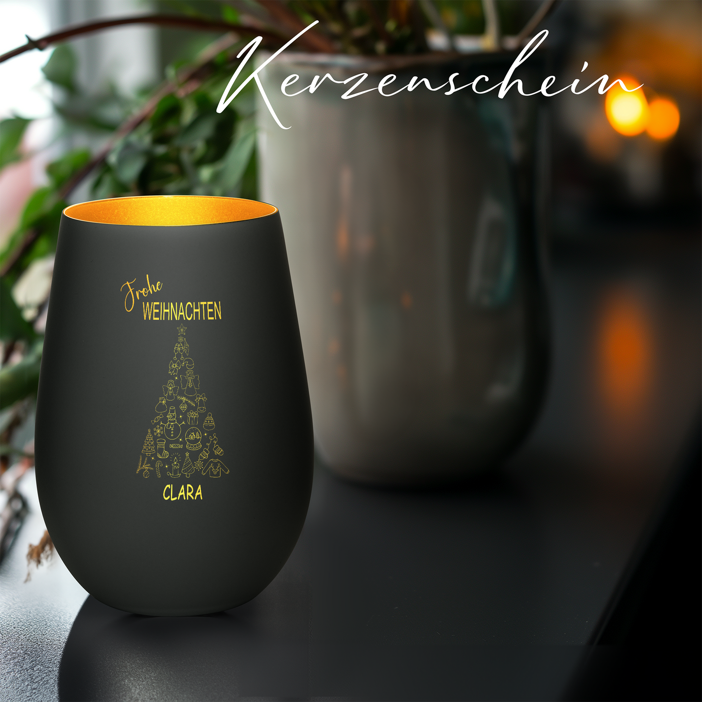 Hochwertiges Glas Windlicht mit Gravur "FROHE WEIHNACHTEN" mit Wunschname in der Farbe Schwarz/Gold