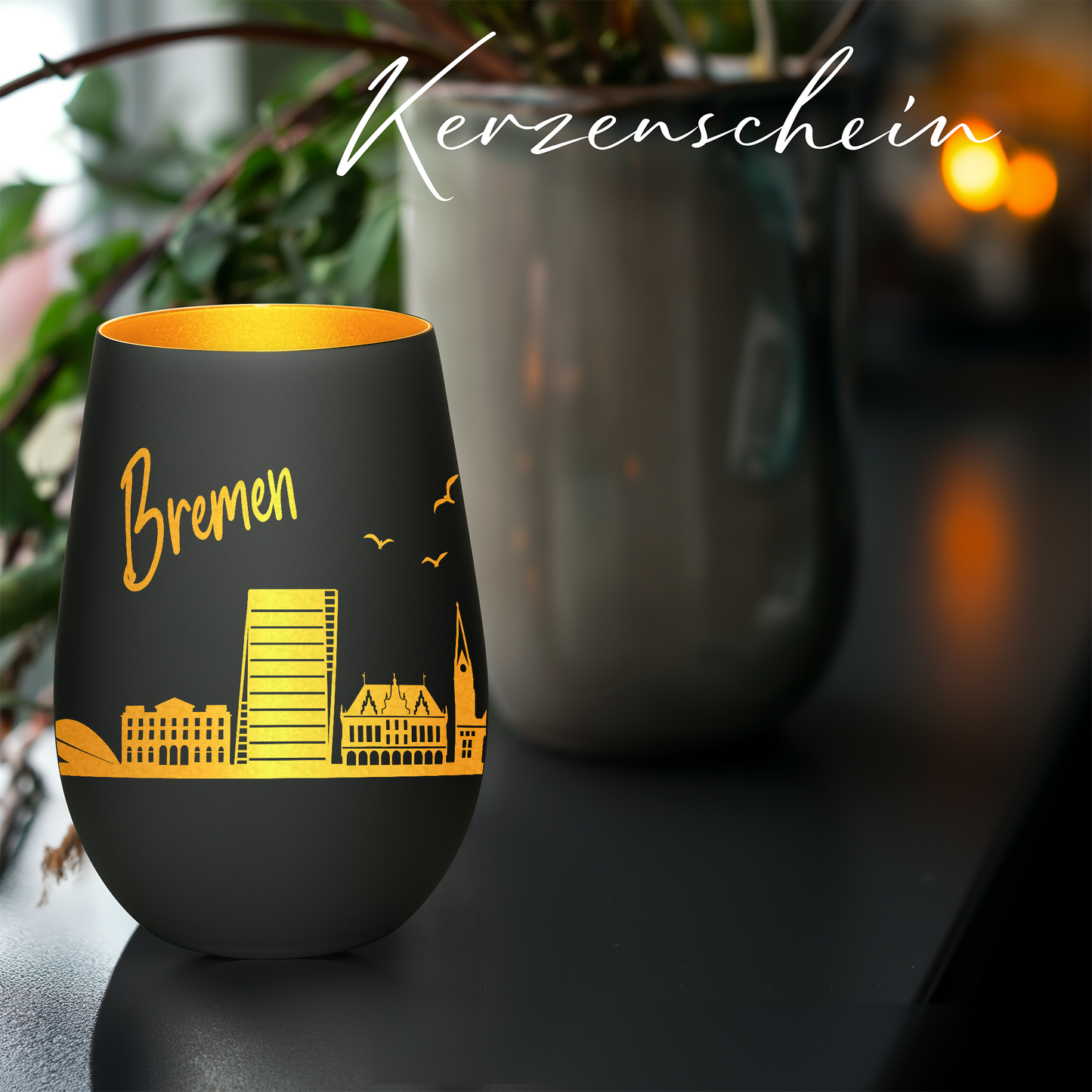 Hochwertiges Glas Windlicht mit Gravur "SKYLINE BREMEN" in der Farbe Schwarz/Gold