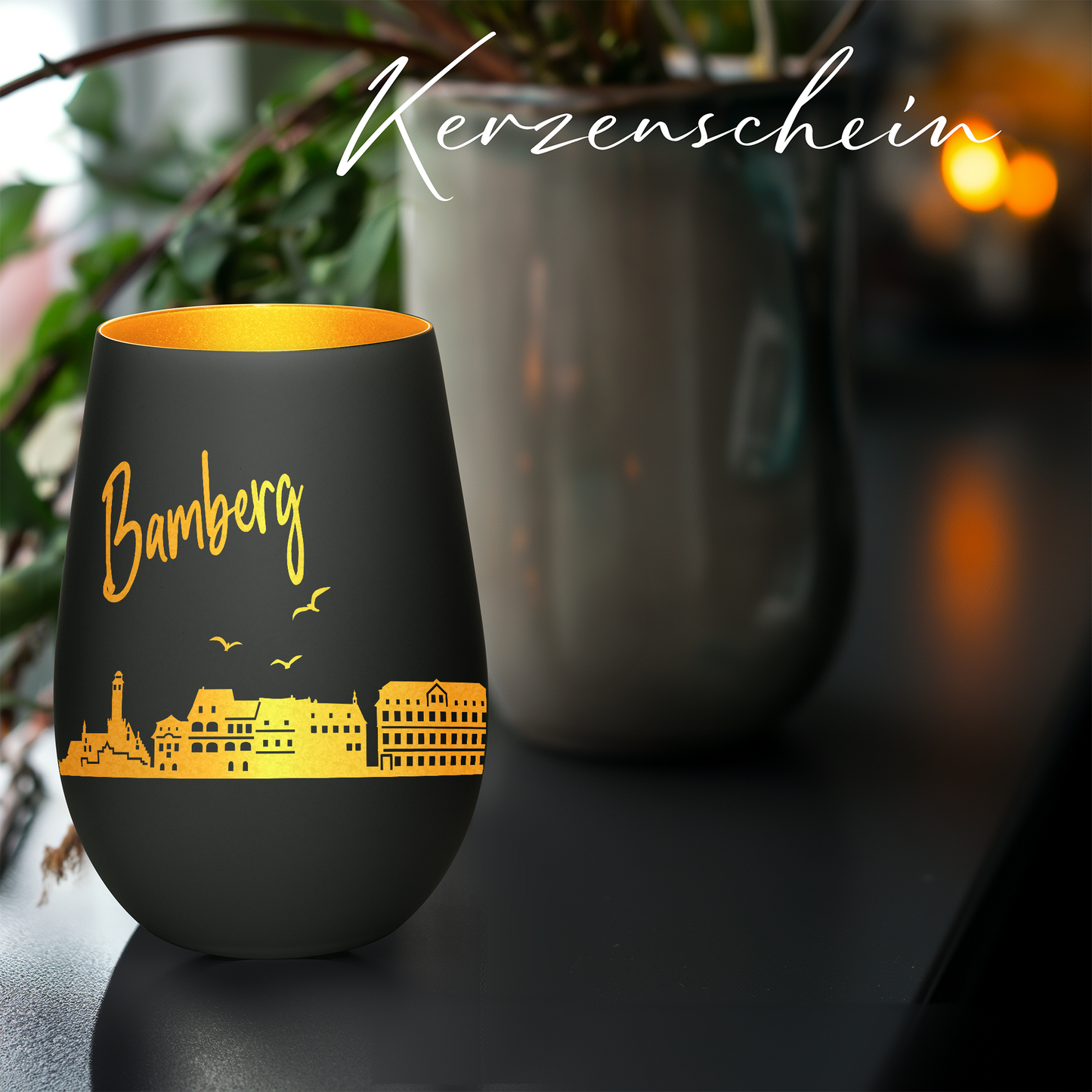 Hochwertiges Glas Windlicht mit Gravur "SKYLINE BAMBERG" in der Farbe Schwarz/Gold