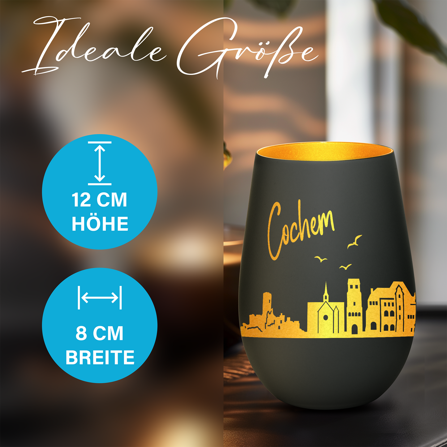 Hochwertiges Glas Windlicht mit Gravur "SKYLINE COCHEM" in der Farbe Schwarz/Gold