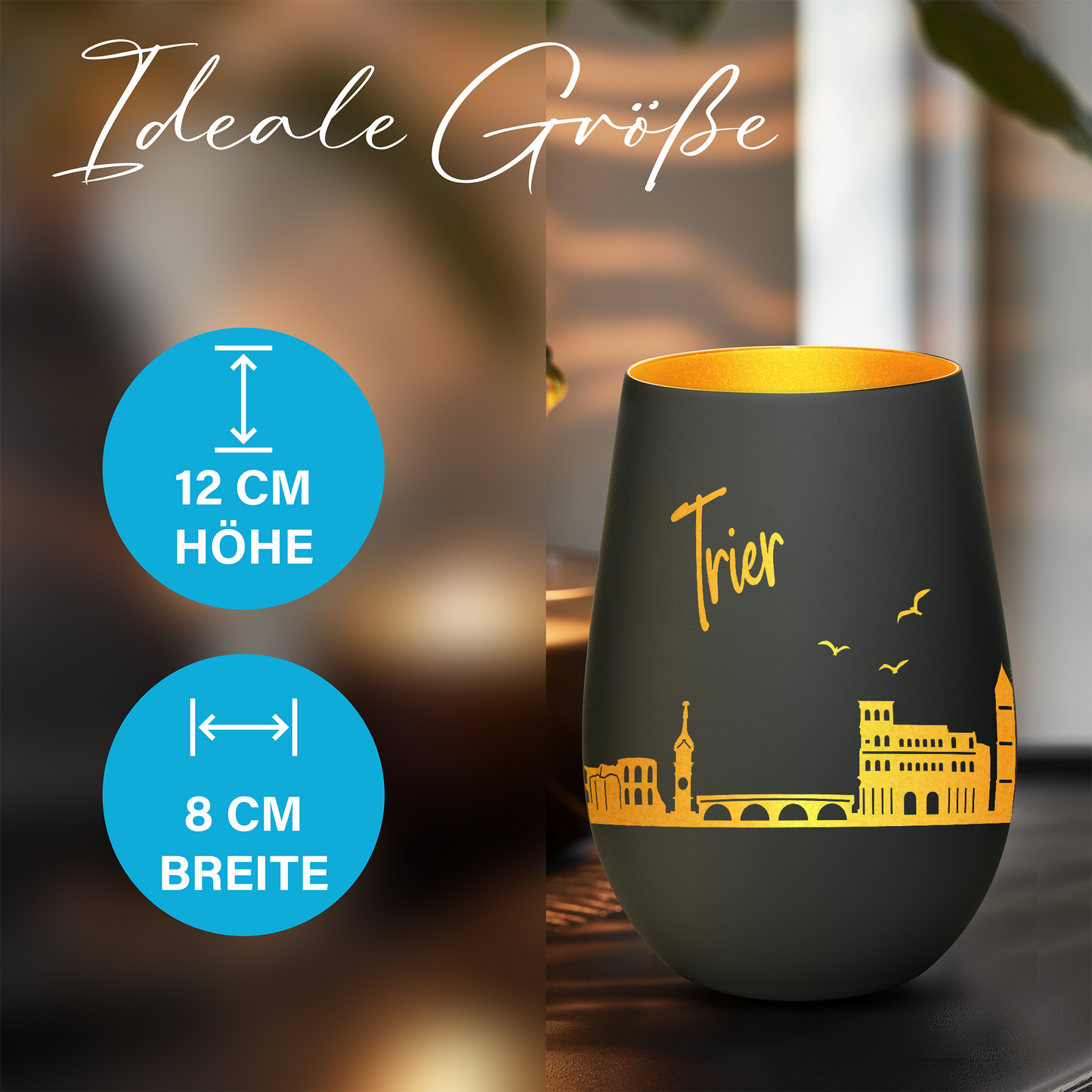 Hochwertiges Glas Windlicht mit Gravur "SKYLINE TRIER" in der Farbe Schwarz/Gold