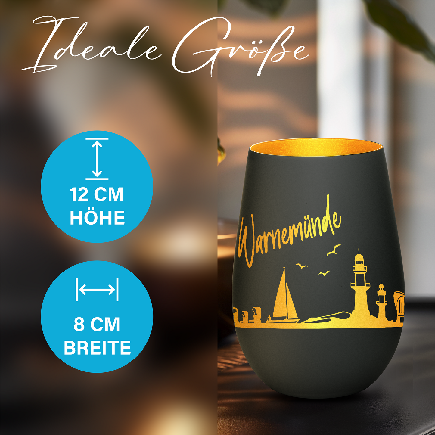 Hochwertiges Glas Windlicht mit Gravur "SKYLINE WARNEMÜNDE" in der Farbe Schwarz/Gold